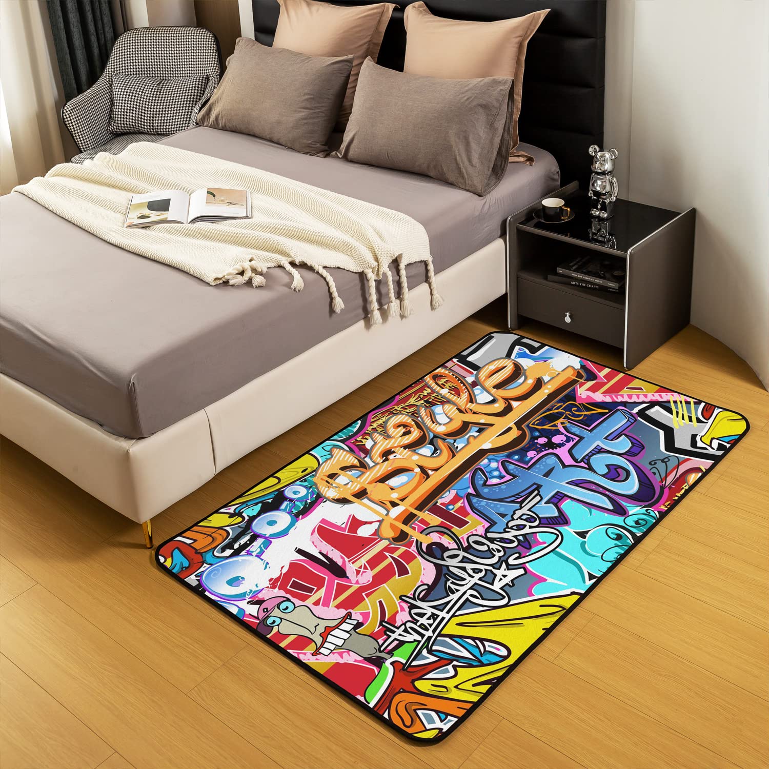 Loussiesd Hippie Graffiti Style Decorative Carpet Area Rug Hip Hop Decor Living Room Rugs for Decor Graffiti Graphic Accent Rug Set Microfiber Non Slip Area Runner Rug 100 * 150cm - Image 4