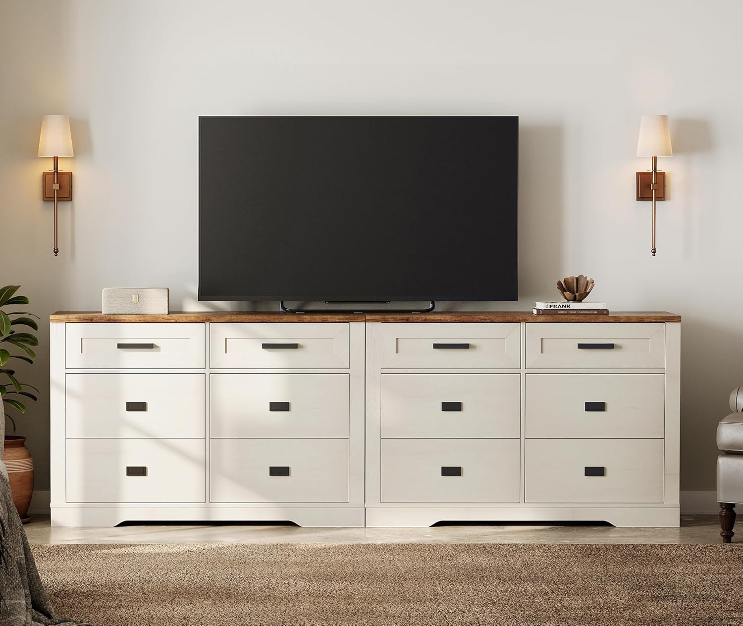 WAMPAT 94.5-inch Extra Wide Farmhouse Wood Dresser for Bedroom with 12 Drawers, 2-in-1 Rustic Wooden Chest of Drawers for Massive Storage, Smooth-Gliding Drawers, Antique White