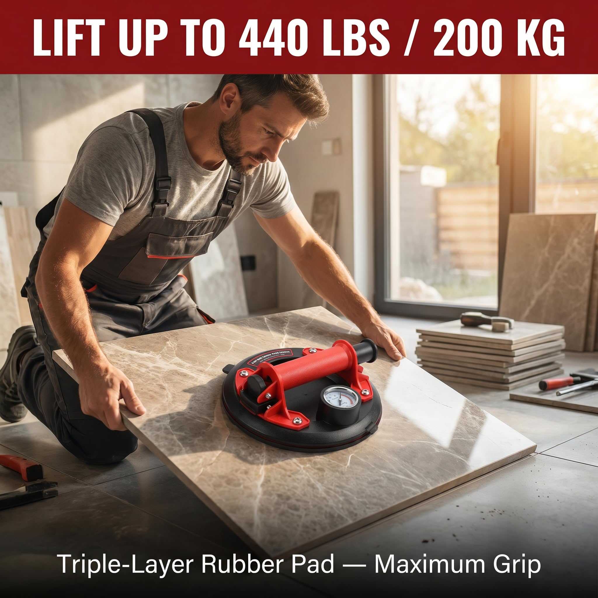 Saugheber Fliesen mit Manometer, Vakuum Saugheber Set, Fliesensaugheber | 200kg Tragkraft, 8 Zoll, Pump-Saugheber, Plattenheber für Fliesen, Glas, Feinsteinzeug, Granit & Fenster,mit Werkzeugkasten