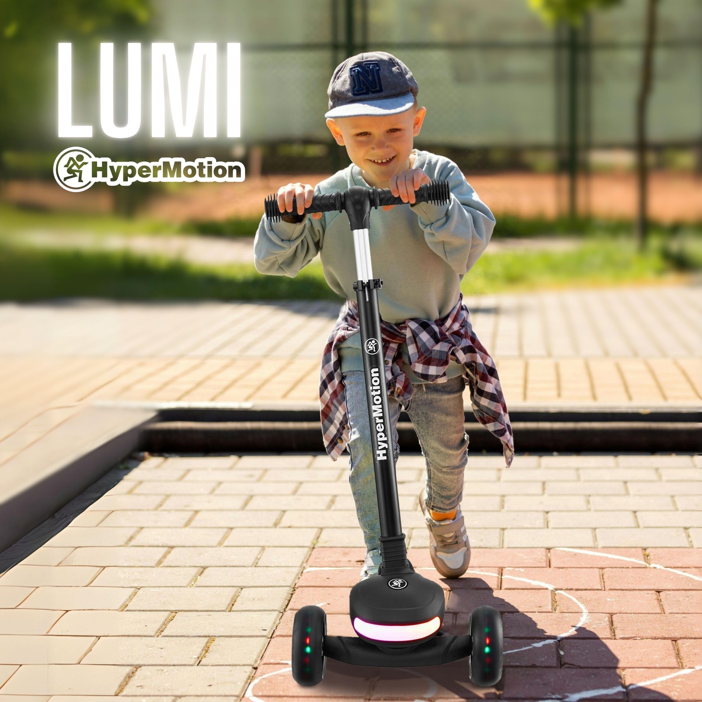 HyperMotion Patinete infantil con iluminación LED LUMI 3 en 1, asiento ajustable en altura, plegable, ruedas de poliuretano, manillar en T de hasta 50 kg, para niños a partir de 1 año