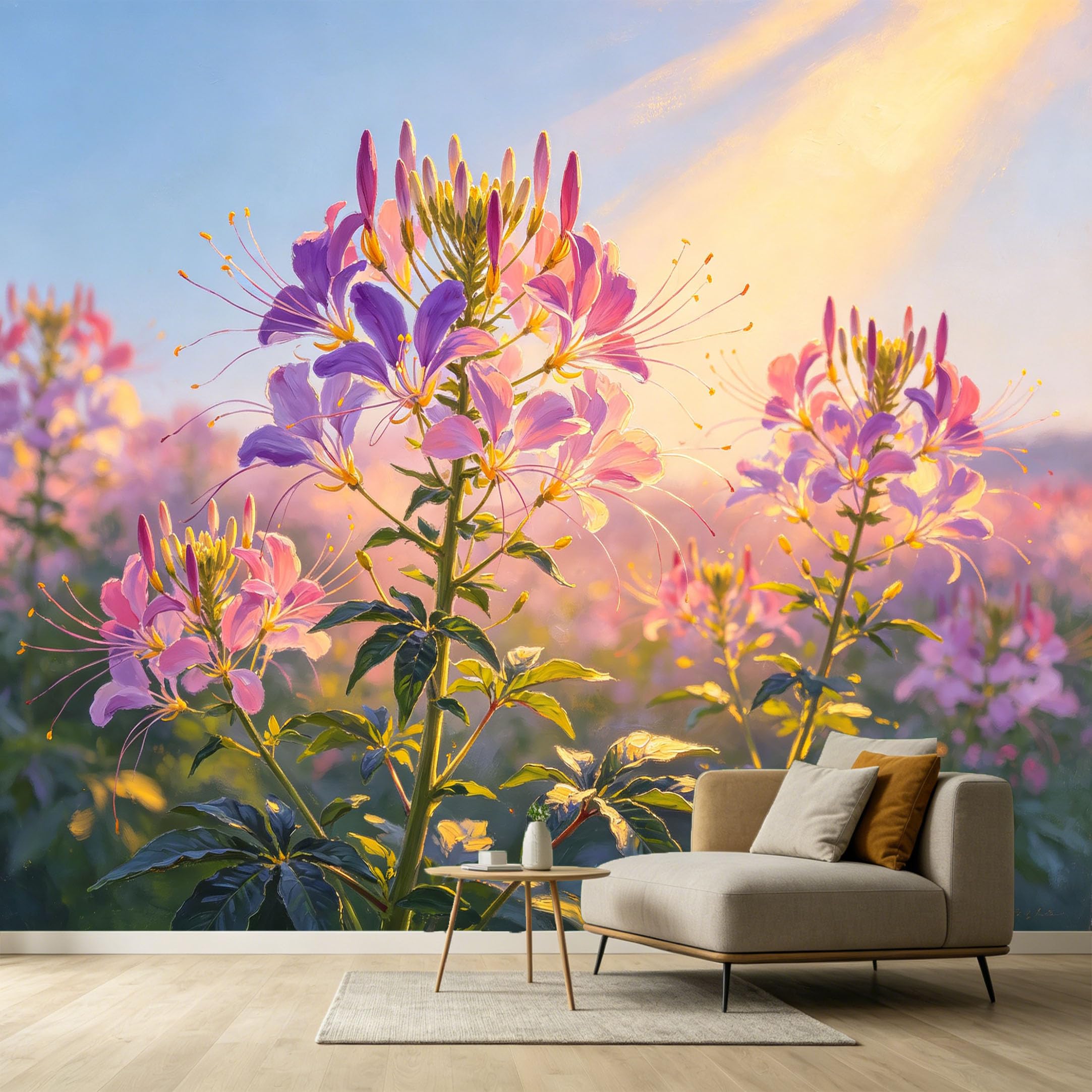 Custom Size Wall Murals Botanical Sunlit Purple Flowers Oil Painting SelfAdhesive Wall Fabric Removable Large Wallpaper for Photo Living Room Decor Background Wall Mural