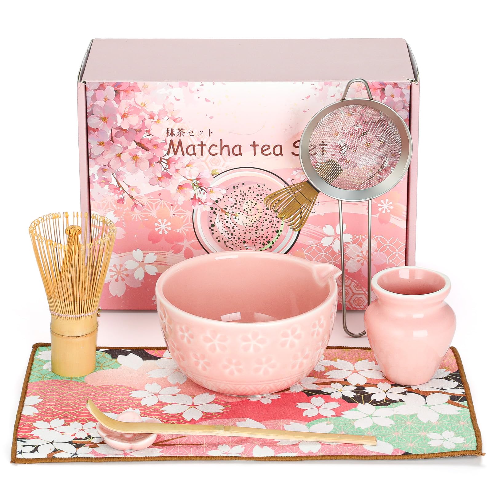 VINATO Matcha Set 7 Pieces Tea Ceremony Accessory Kit, Matcha Powder Kit with Ceramic Chawan Bowl with Spout, Bamboo Whisk, Tea Towel for Tea Lovers, Pink