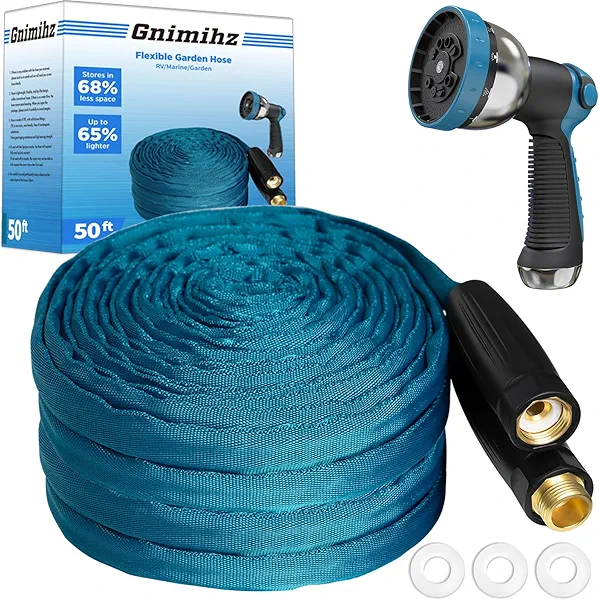 Gnimihz Garden Hose 50ft, Made of TPE(Not PVC), Ultra-Light & Flexible Water Hose with Solid Brass Fittings, Non-Shrinking, Easy to Storage, Drinking Water Safe Material, All-weather, SeaBlue