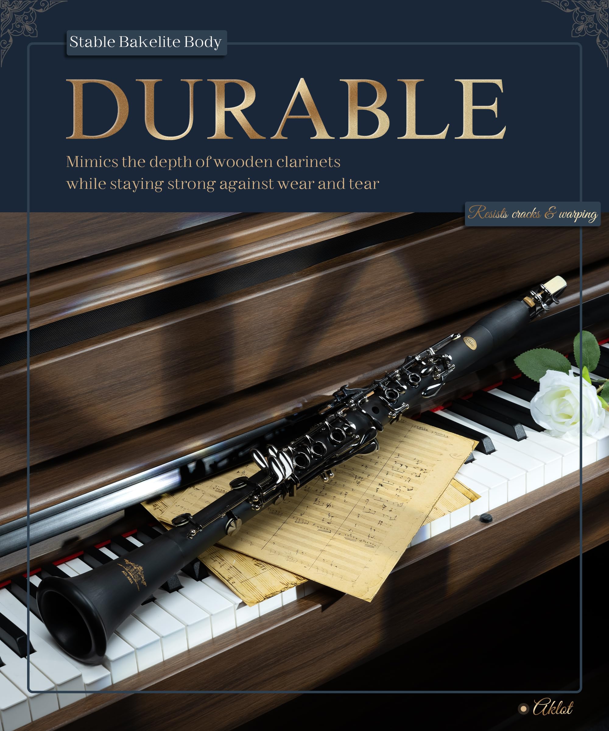 AKLOT B Flat Concert Clarinet: Precision Tone Hole Design for Stable Intonation, Durable Black Nickel Keys, Including Leather Hard Case, Barrel, Stand, Full Cleaning Kit (Aria-EN)