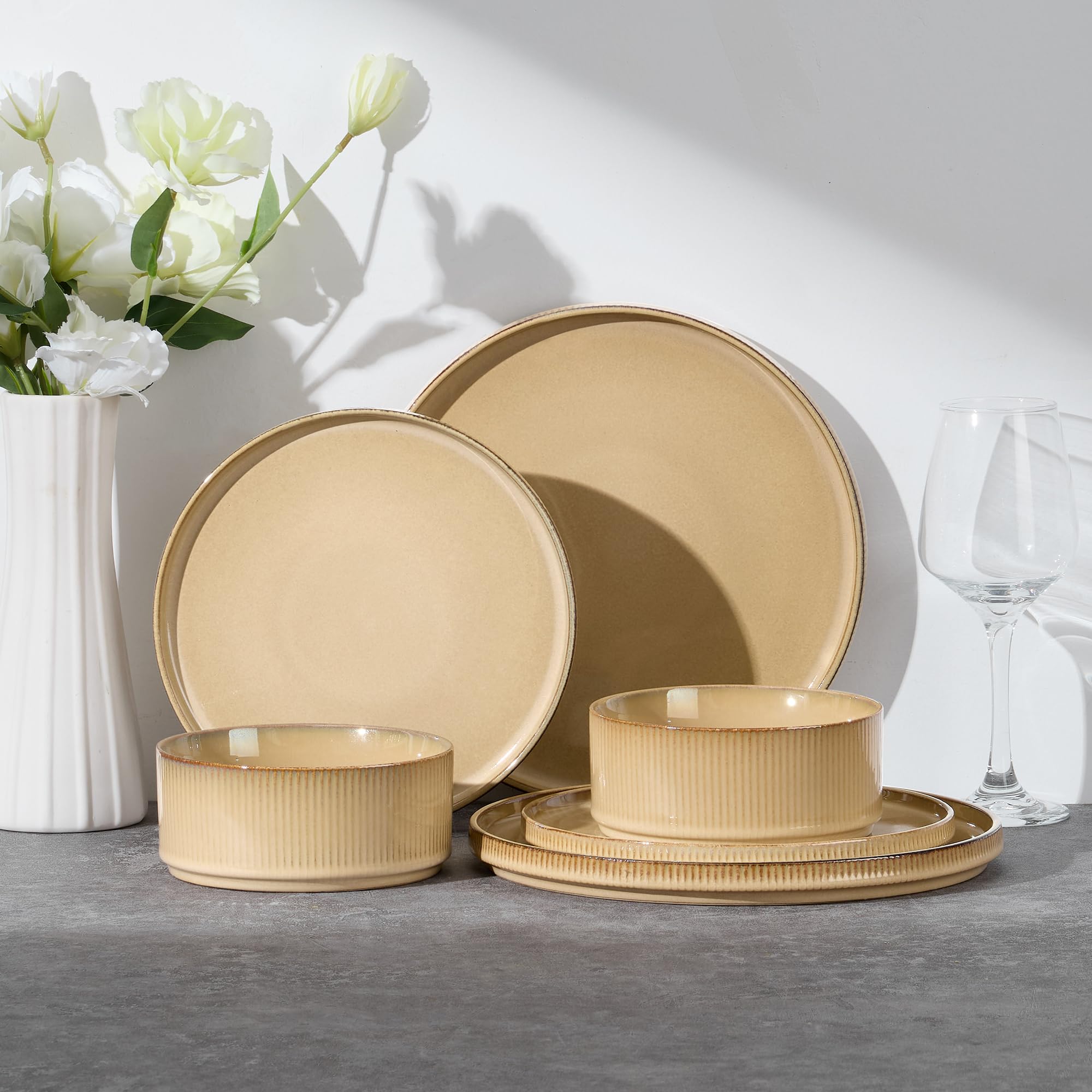 E-far Stoneware Dinnerware Sets for 2, 6-Piece Plates and Bowls Sets, Chip &amp; Scratch Resistant Ribbed Dish Set for Home Restaurant, Microwave &amp; Dishwasher Safe, Caramel Khaki