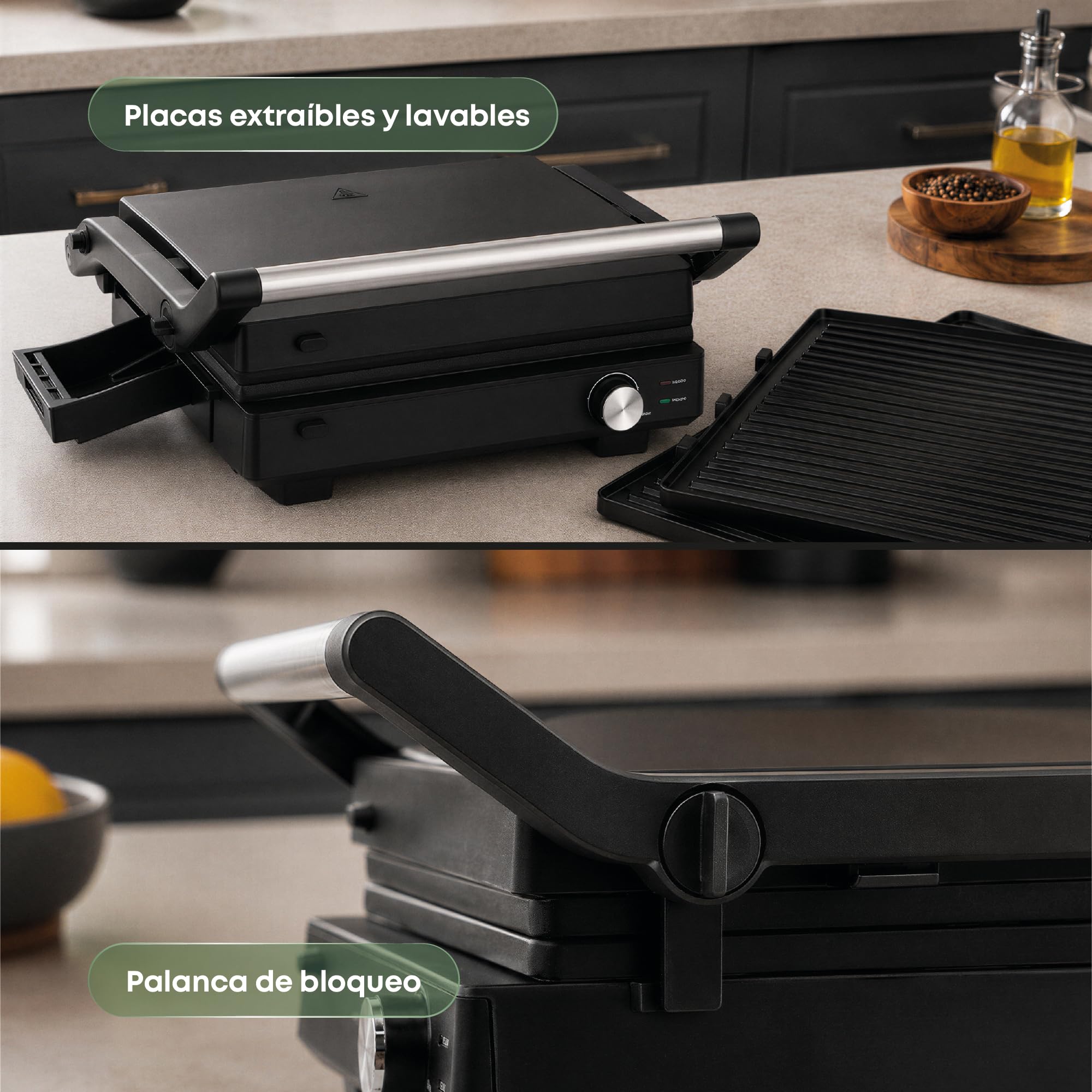 Hoffen Grill de Contacto 3 en 1, 1334 cm2, Placas Lavables Antiadherentes
