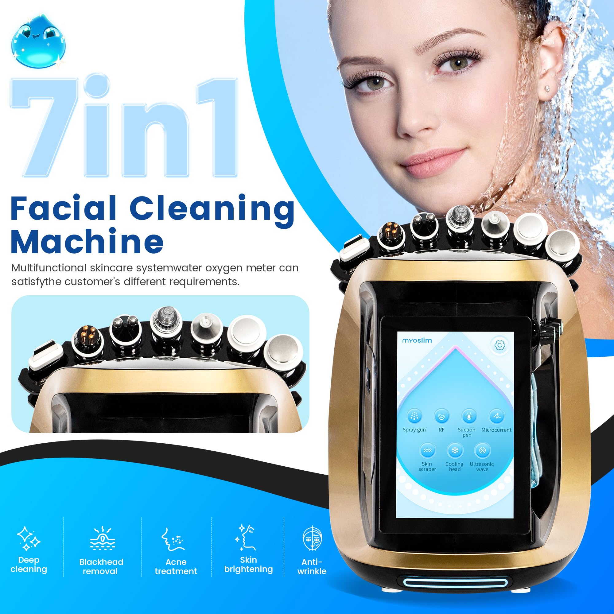 Dispositivo profesional 7 en 1 para la limpieza facial, herramienta de belleza hidratante y regeneradora de la piel, limpia profundamente, hidrata y reafirma la piel del rostro, color negro y dorado.