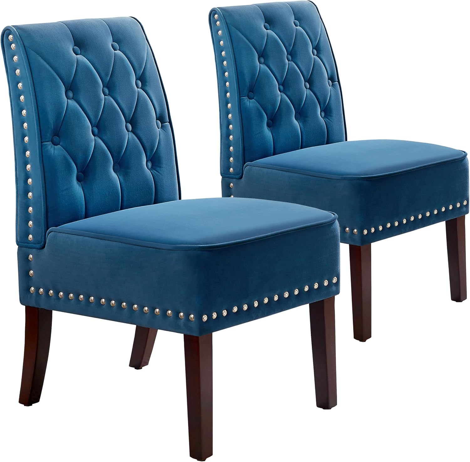 DRM'SCUUM Armless Accent Chairs Slipper: 2PCS Tufted Buttons Slipper Chairs Dining Chairs with Nails Decorative Side Chair for Bedroom Living Room Kitchen (Blue)