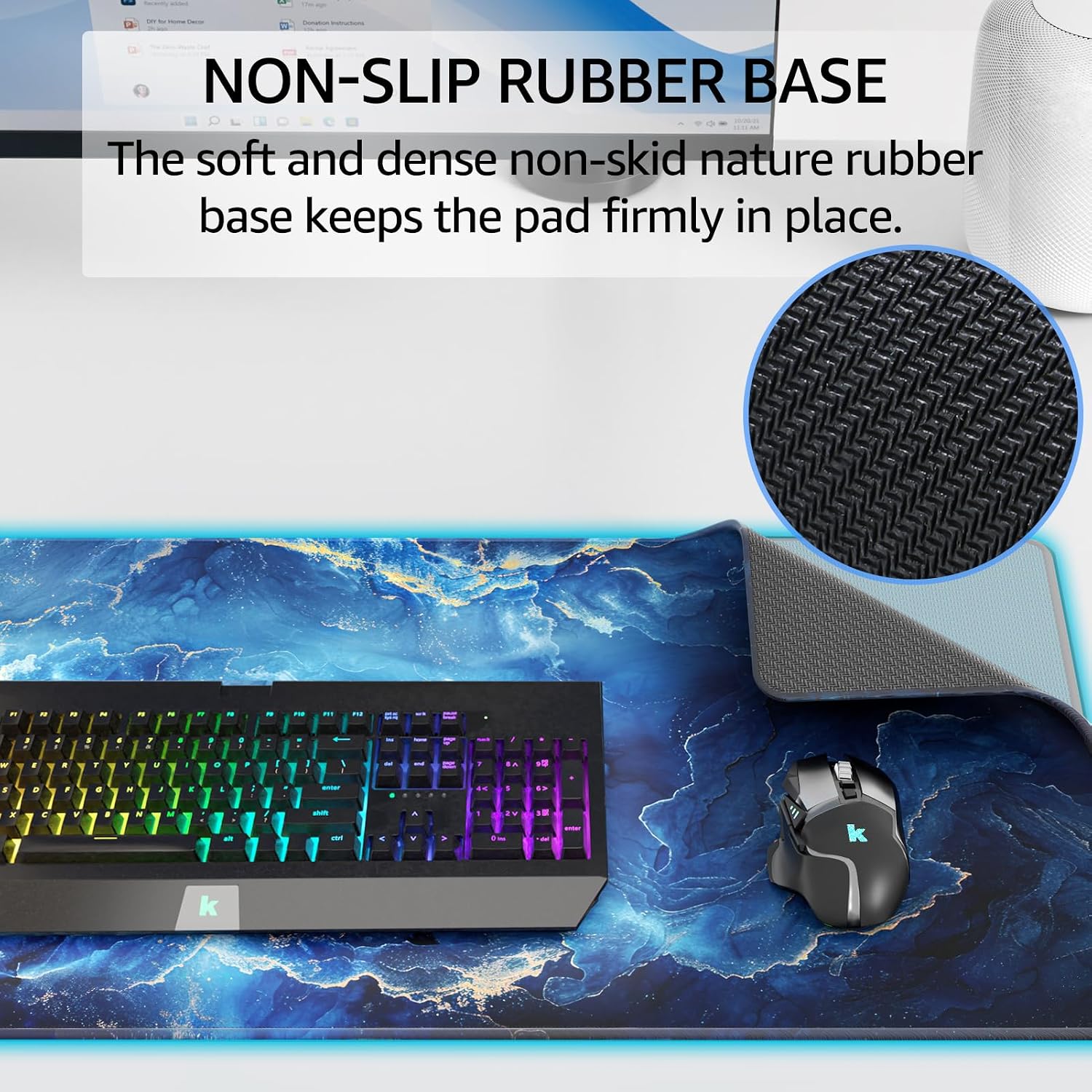 KTRIO Large Gaming Mouse Pad, Desk Mat, 31.5 x 11.8 in, Blue Marble, XL | Smooth Micro-Weave Surface, Artistic Pattern Design, Non-Slip Rubber Base, Durable Stitched Edges, Office & Home Use thumbnail