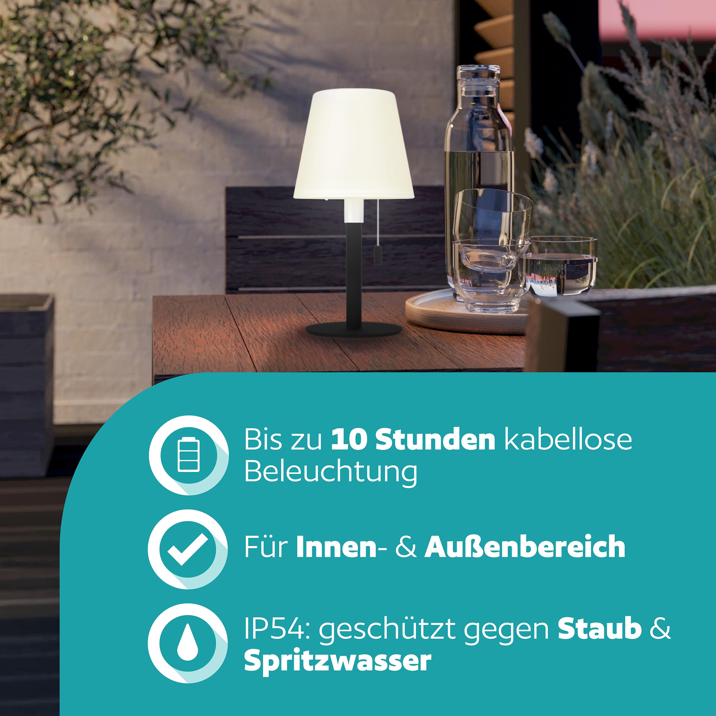 EGLO Solar Tischleuchte Montapalma-L, Outdoor Akku Tischlampe dimmbar mit Zugschalter, kabellose Solarlampe für außen, Stahl in schwarz, Kunststoff weiß, warmweiß, RGB, IP54