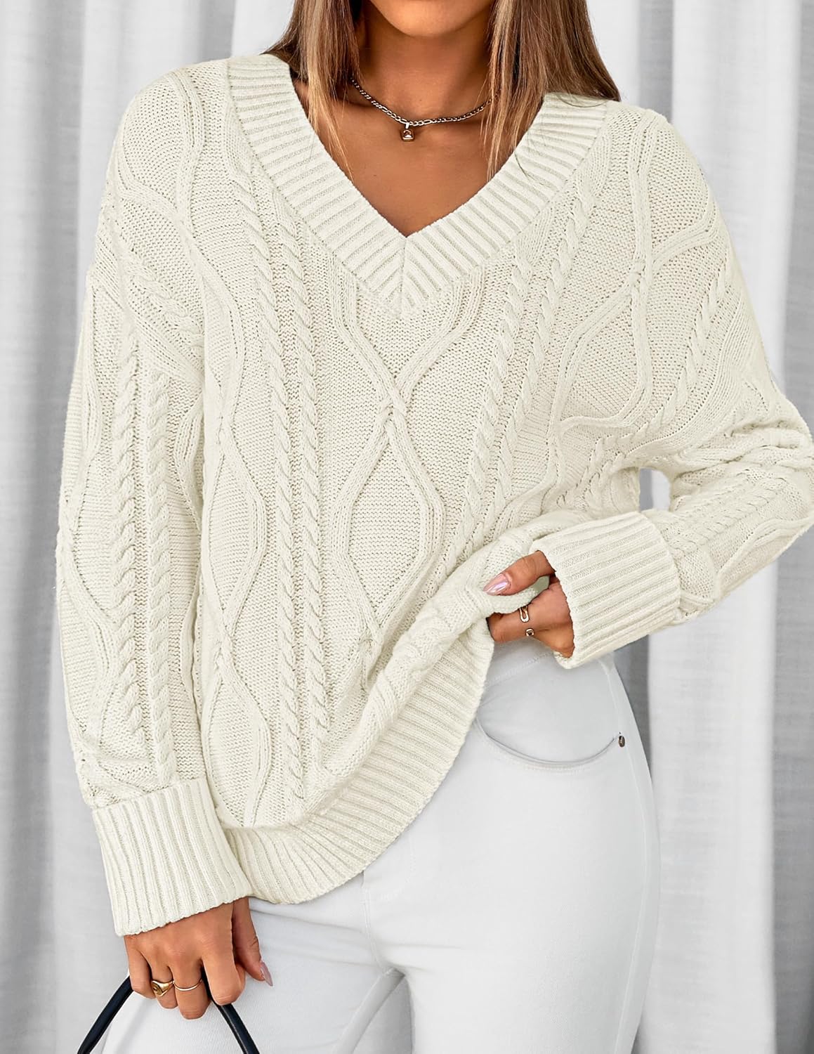 ZESICA Women's Spring Oversized Sweaters 2026 Casual Long Sleeve V Neck Cable Knit Trendy Pullover Tops - Image 2