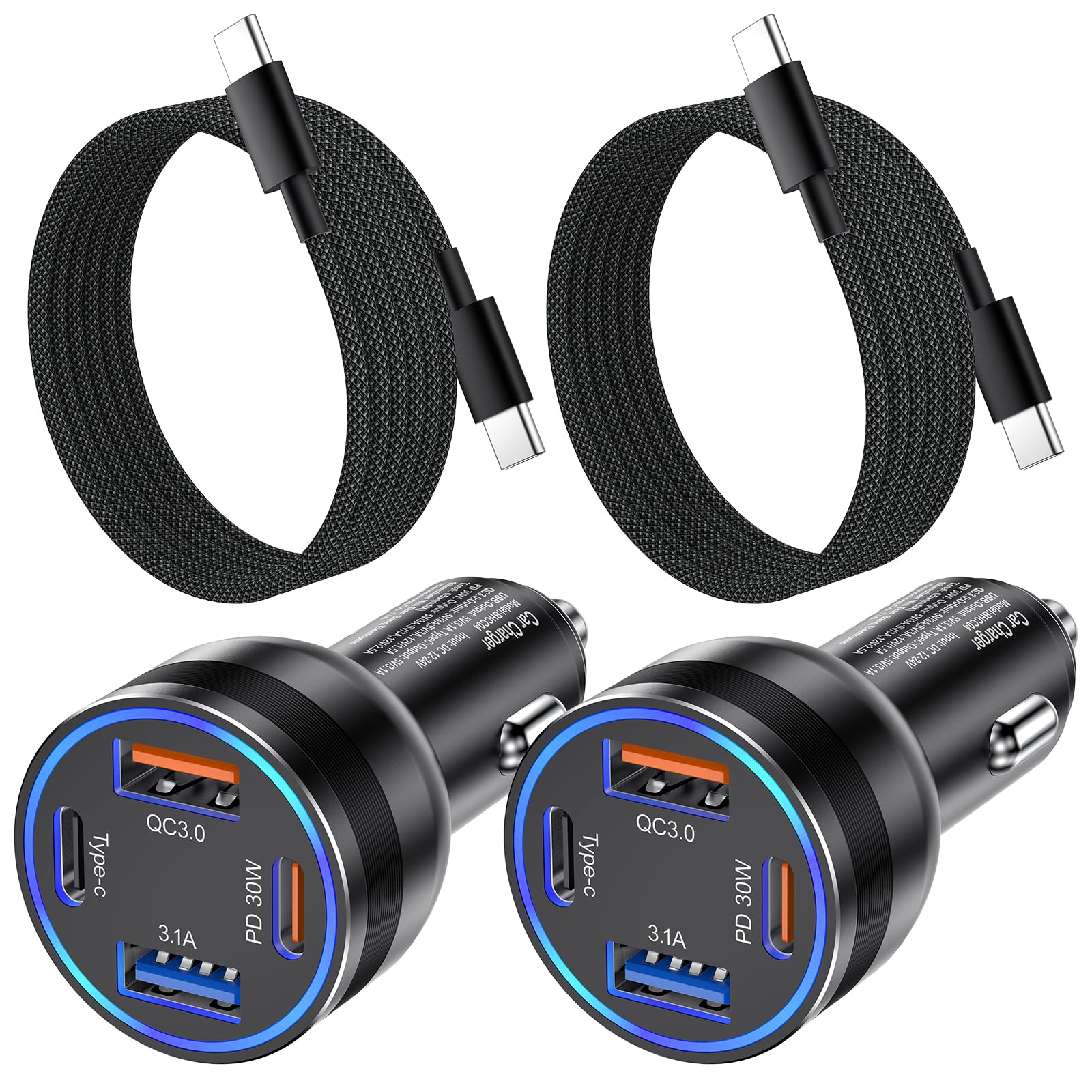 OKRAY - Cargador de coche USB C de 65 W, paquete de 2 4 puertos PD30 W, carga rápida tipo C, cargador de teléfono de coche, adaptador de encendedor de cigarrillos compatible con teléfonos 15, 14 Pro,