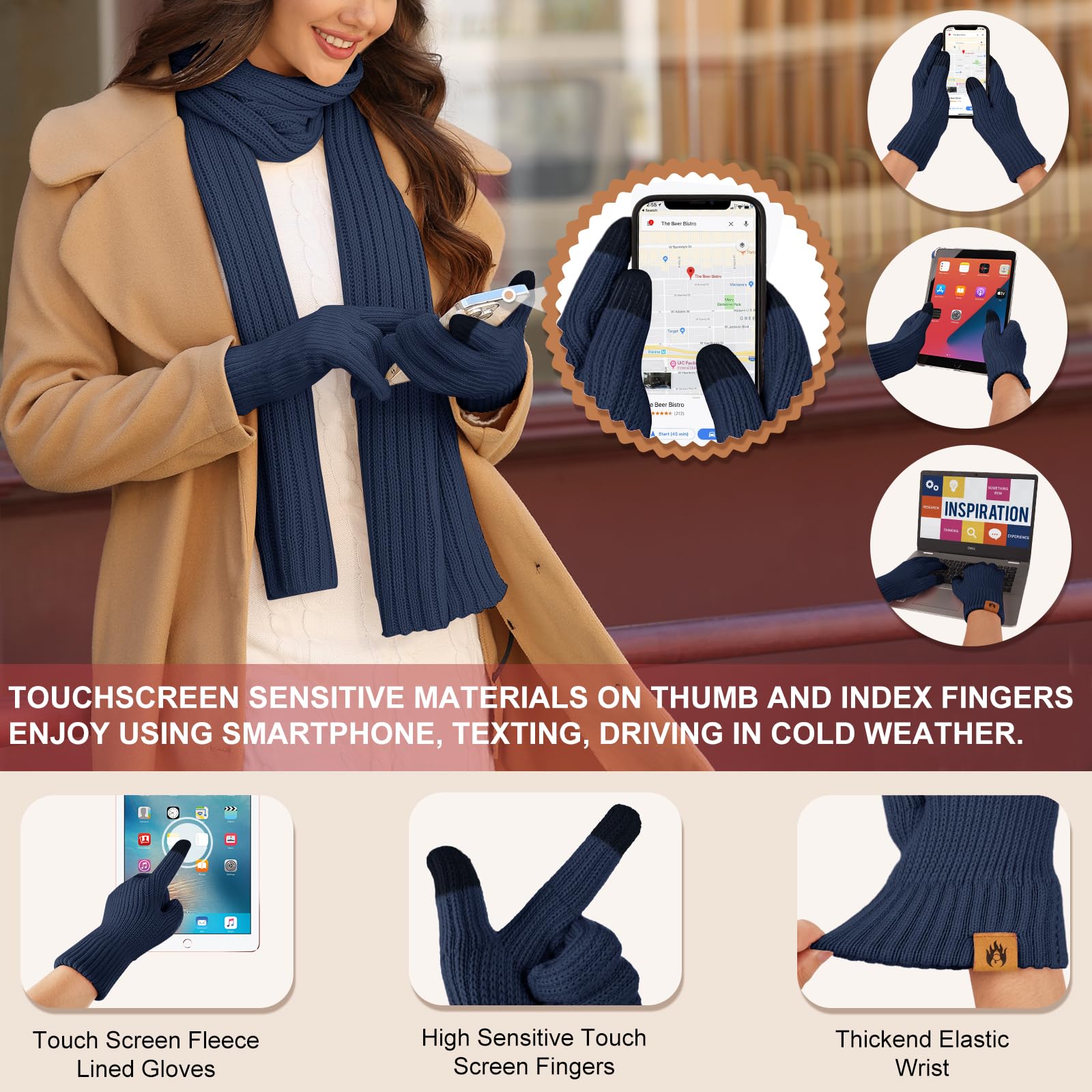 UMIPUBO Gorro de invierno, bufanda, guantes para pantalla táctil, calcetines peludos, orejeras, juego de 5 piezas para mujer, juego de invierno para esquí, marino, Talla única