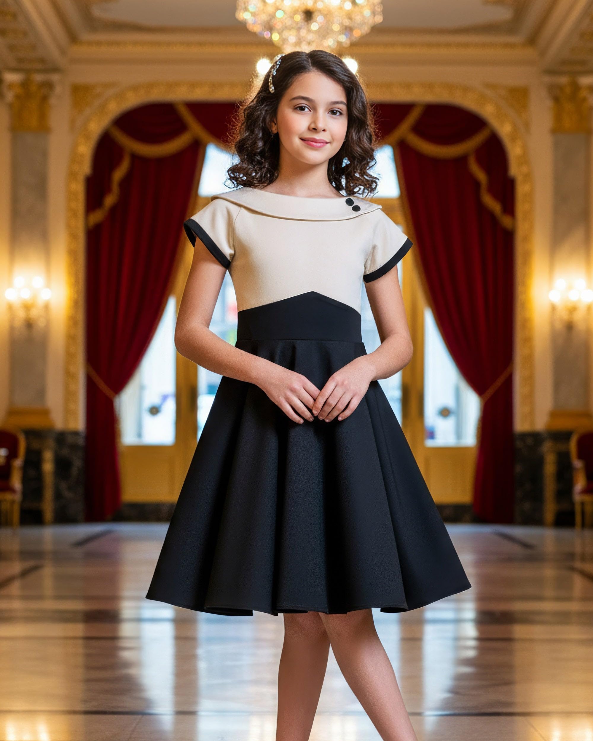 BlackButterfly Mädchen Kleid Valerie Zweifarbig | Tellerrock, Kurze Ärmel, Umlegekragen, Pfeil-Taillennaht, Gefüttert, Reißverschluss Hinten, 3-14 Jahre