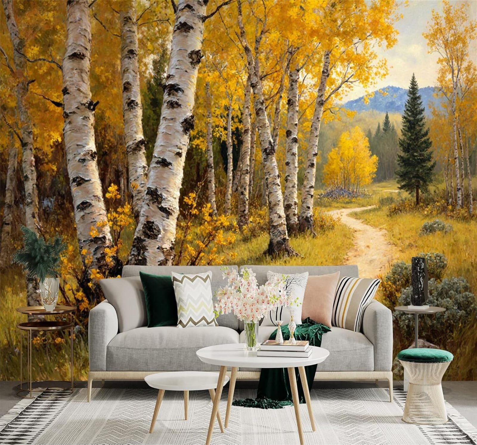 XLMING Autumn Golden Woodland Mountains Footpath 3D Wallpaper Silky Texture Home Study Office Grey Dining Room Sofa Bedroom Living Room TV Backdrop-430cm×300cm