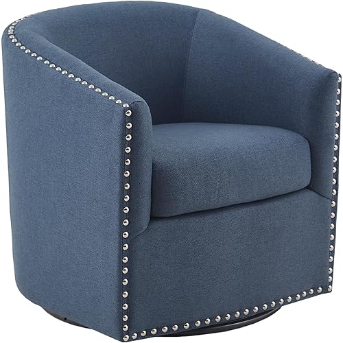 Madison Park Swivel Barrel Accent Chair, Upholstered Curved Back with 7-Inch Thick Woven Cushion, 360° Swivel, Nailhead Trim, Comfy Chair for Living Room, Bedroom, Office, 28" Wide, Blue, Tyler