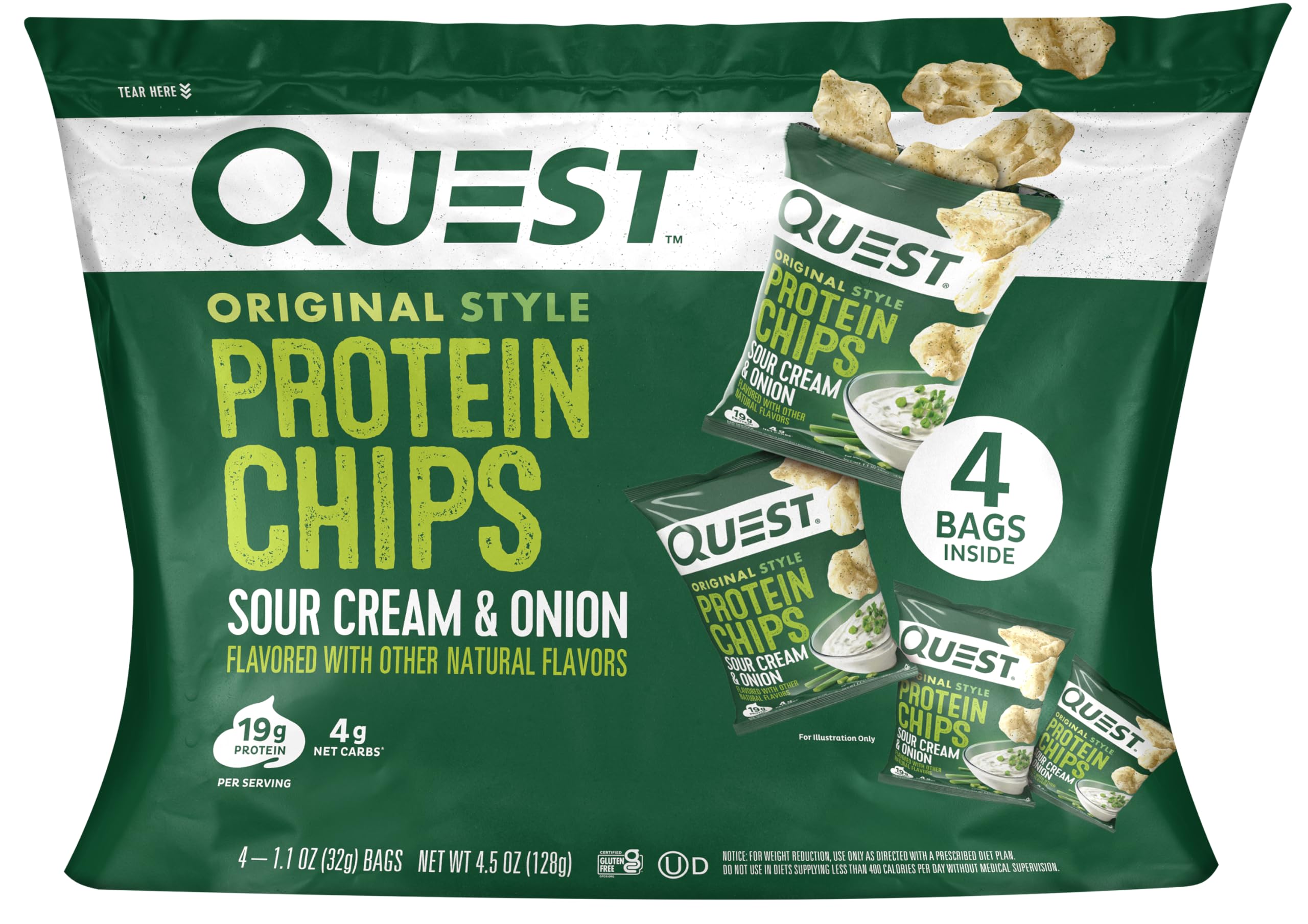 Quest Nutrition Sour Cream & Onion Protein Chips, 19g Protein, 4g Net Carbs, Low Carb, Gluten Free, 1.1 oz, 4 count