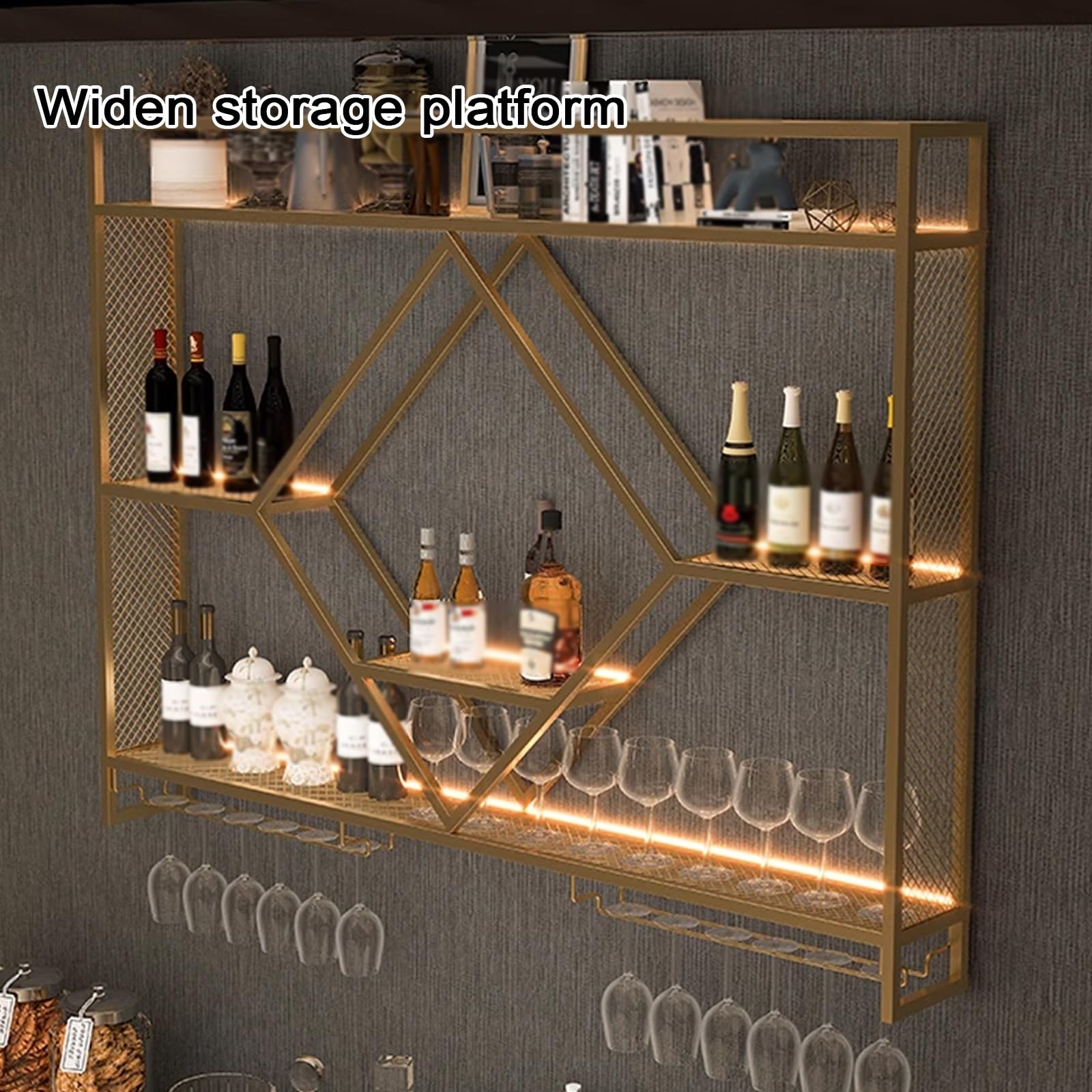 Botelleros Originales de Pared Botellero de Hierro Soldado Lacado, Botellero Vino Pared con Luz LED y Portavasos, for Bar Restaurante Club(Black,100 * 15 * 80cm)