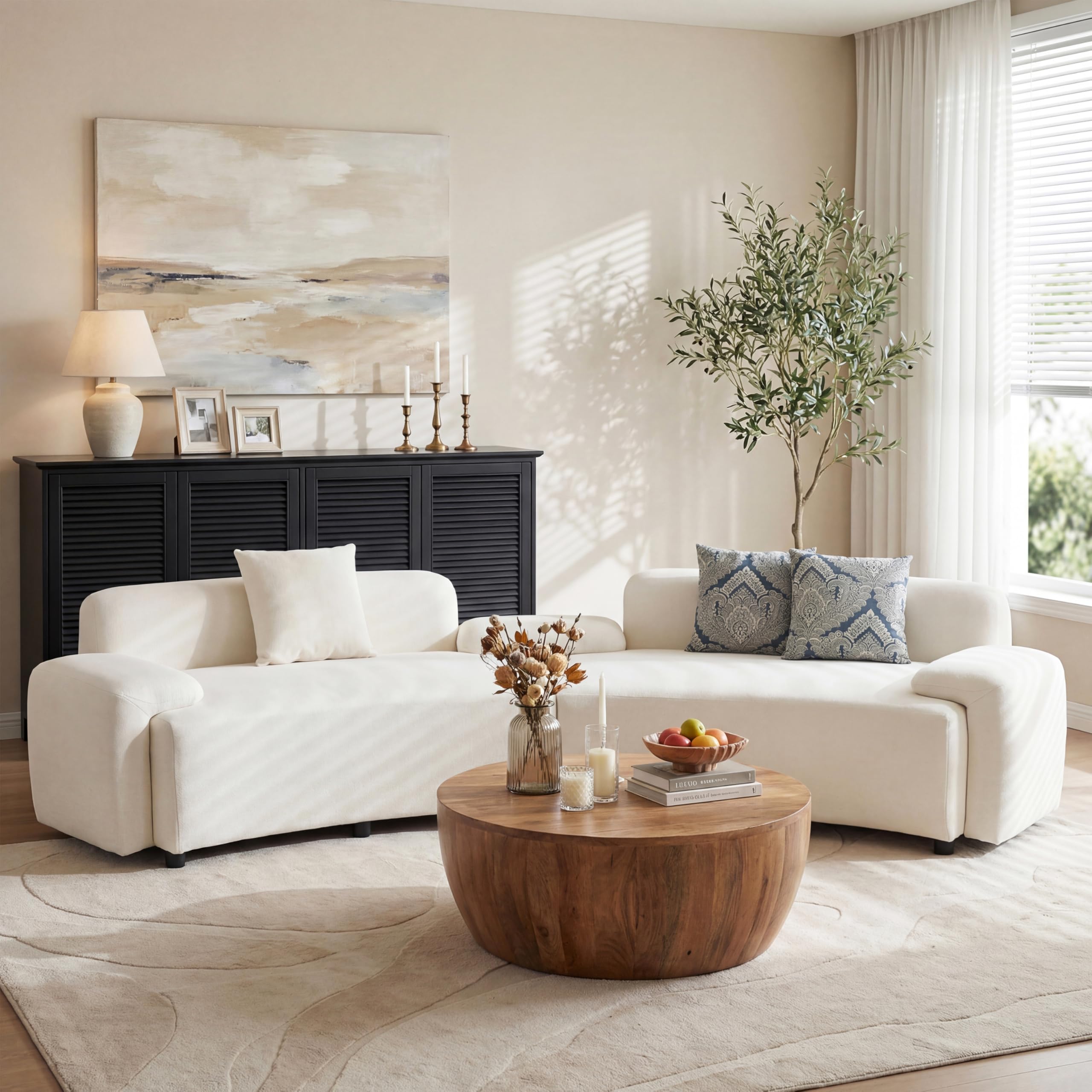 Merax Modern 122" Curved Sofa 4-Seater Couch with Damask Pattern Pillows, Upholstered Chenille Half Moon Living Room Sectional for Small Spaces, Light