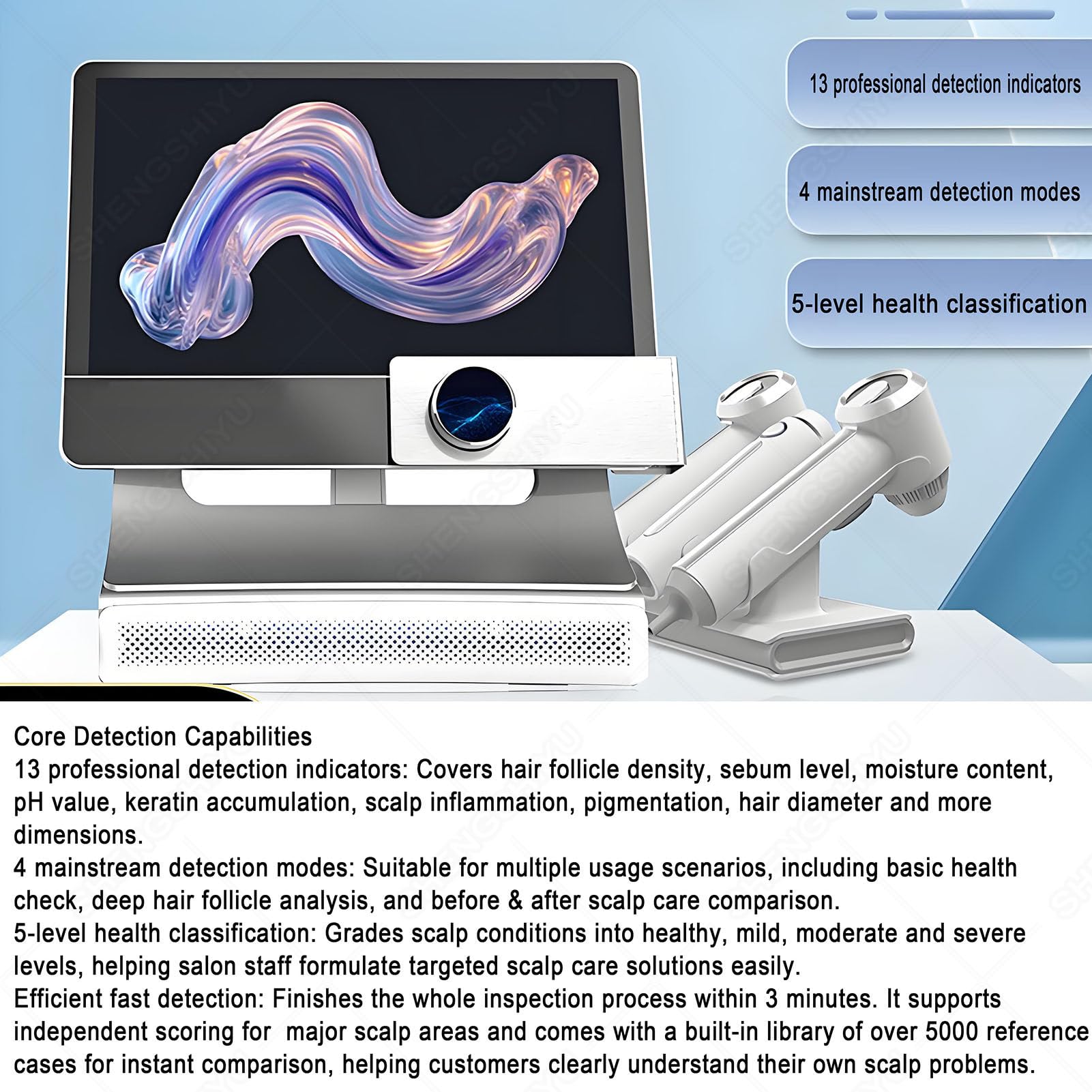 Tricocamera Capelli Professionale,Skin Diagnosis Hair Analyzer,Schermo Touch HD 15,6 Pollici,3 Sonde Sostituibili,Imaging a 4 Spettri,13 Indicatori di Rilevamento,4 modalità di Analisi