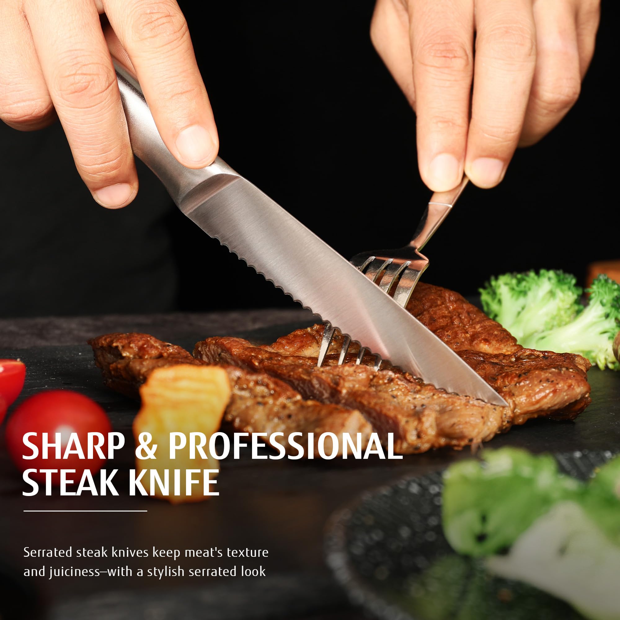hecef coltelli da bistecca, set da 6 pezzi di coltelli da tavola affilati con lama seghettata e manico cavo ergonomico, coltello da carne in acciaio inox per bistecca e pane, 12,7 cm, argento