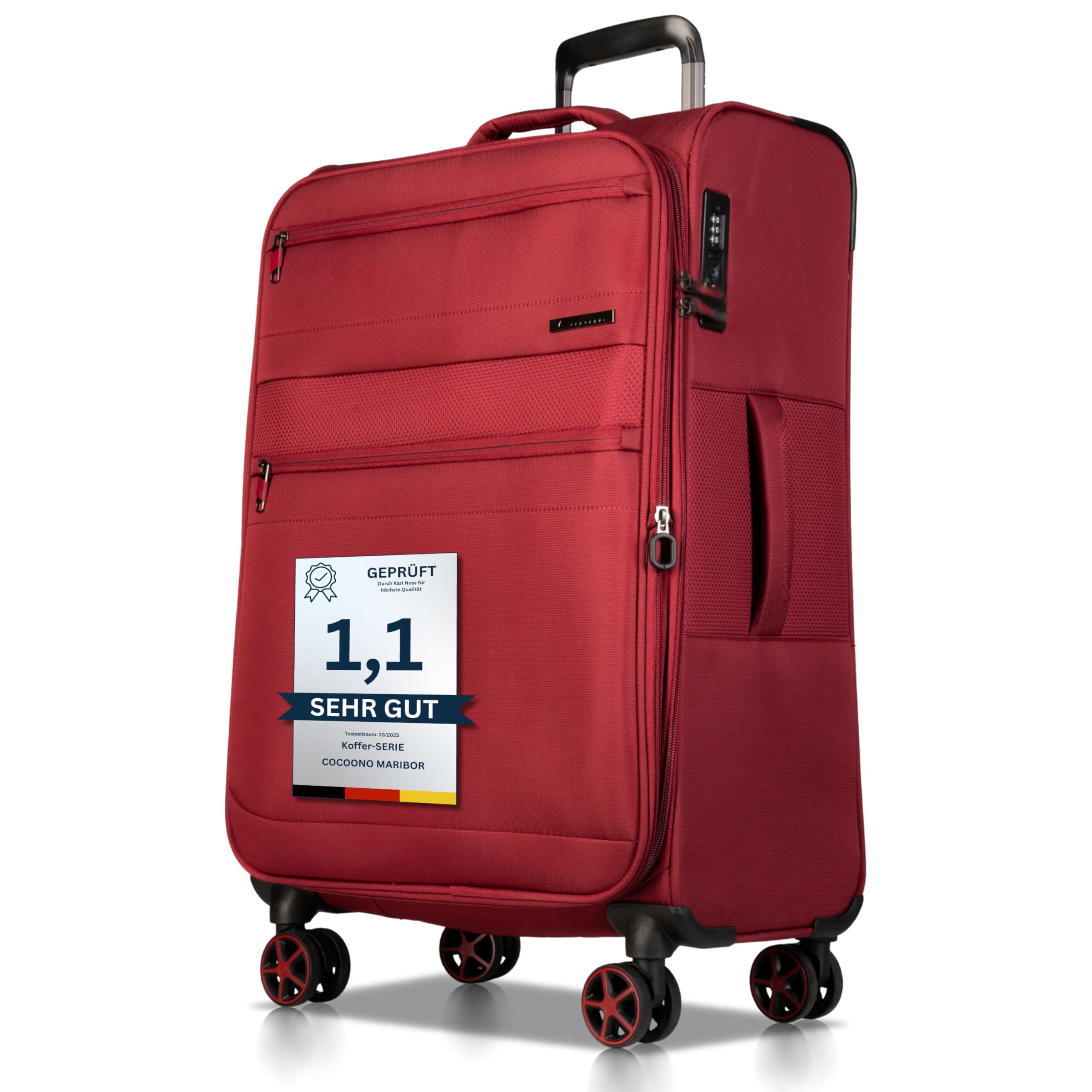 Cocoono Koffer Weichschale 64L bis 84L mit Dehnfalte – Stoffkoffer mit 4 Rollen – Reisekoffer Stoff TSA Schloss – Leichter Stoff Weichgepäck – Weichschale 4 Rollen (rot, L)