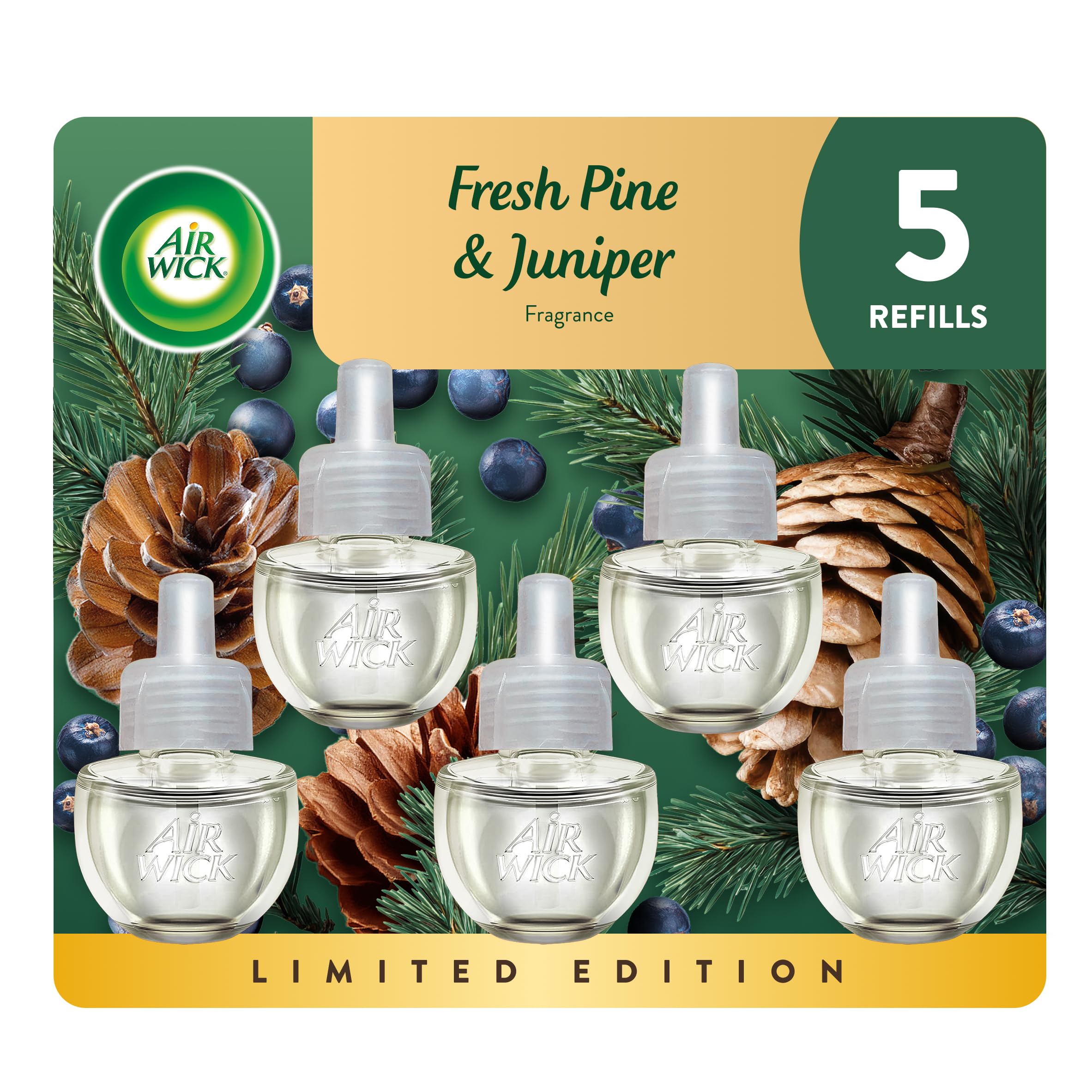 Air Wick Plug in Scented Oil 5 Refills, Fresh Pine and Juniper, Fall scent, Fall spray, (5x0.67 Fl Oz), Essential Oils, Air Freshener, Packaging May Vary