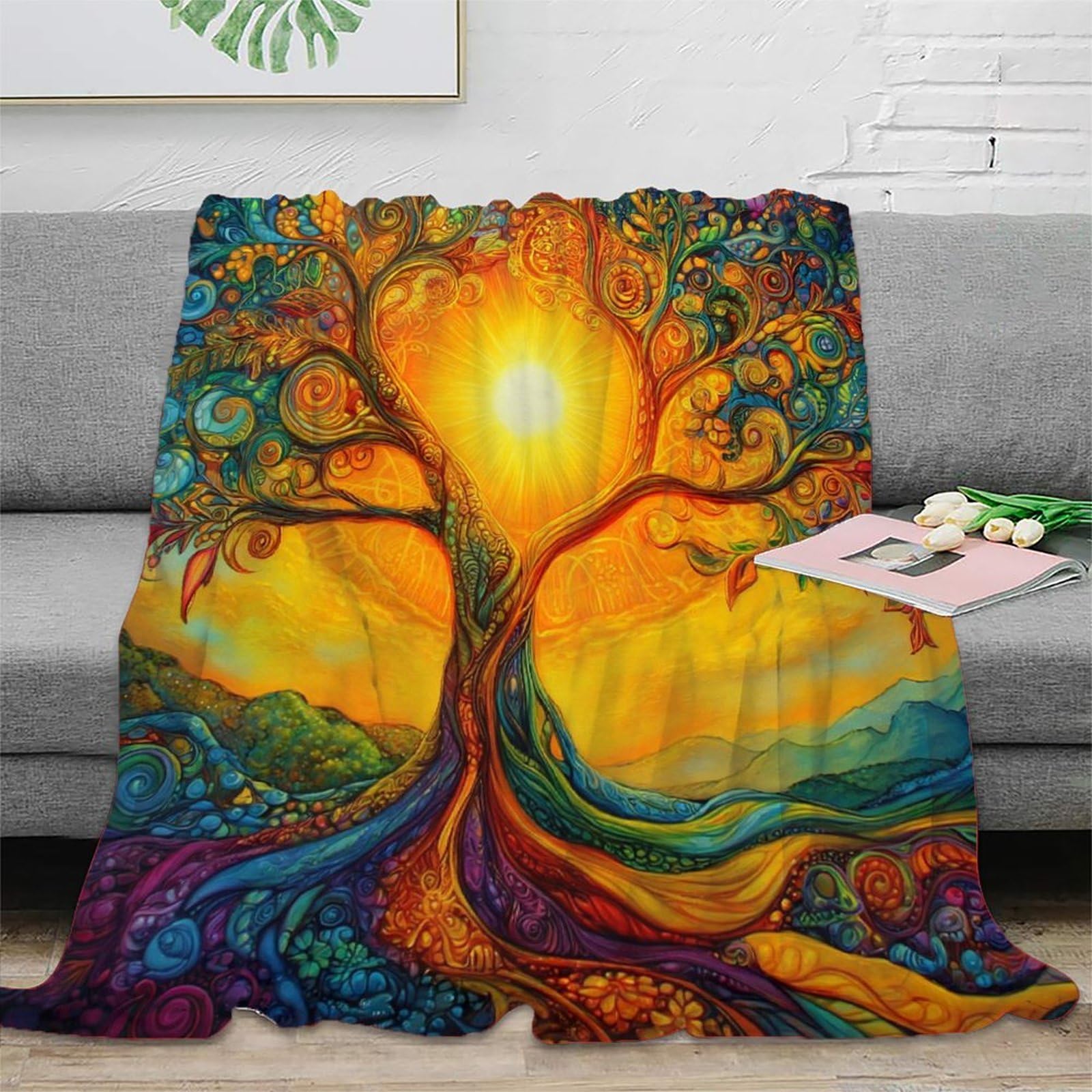 stampa 3D vibrante tree arte coperta da viaggio microfibra biancheria da letto compatta coperta da viaggio morbida per regali per chi viaggia per lavoro psychedelic fantasy 70×80inch(180x200cm)