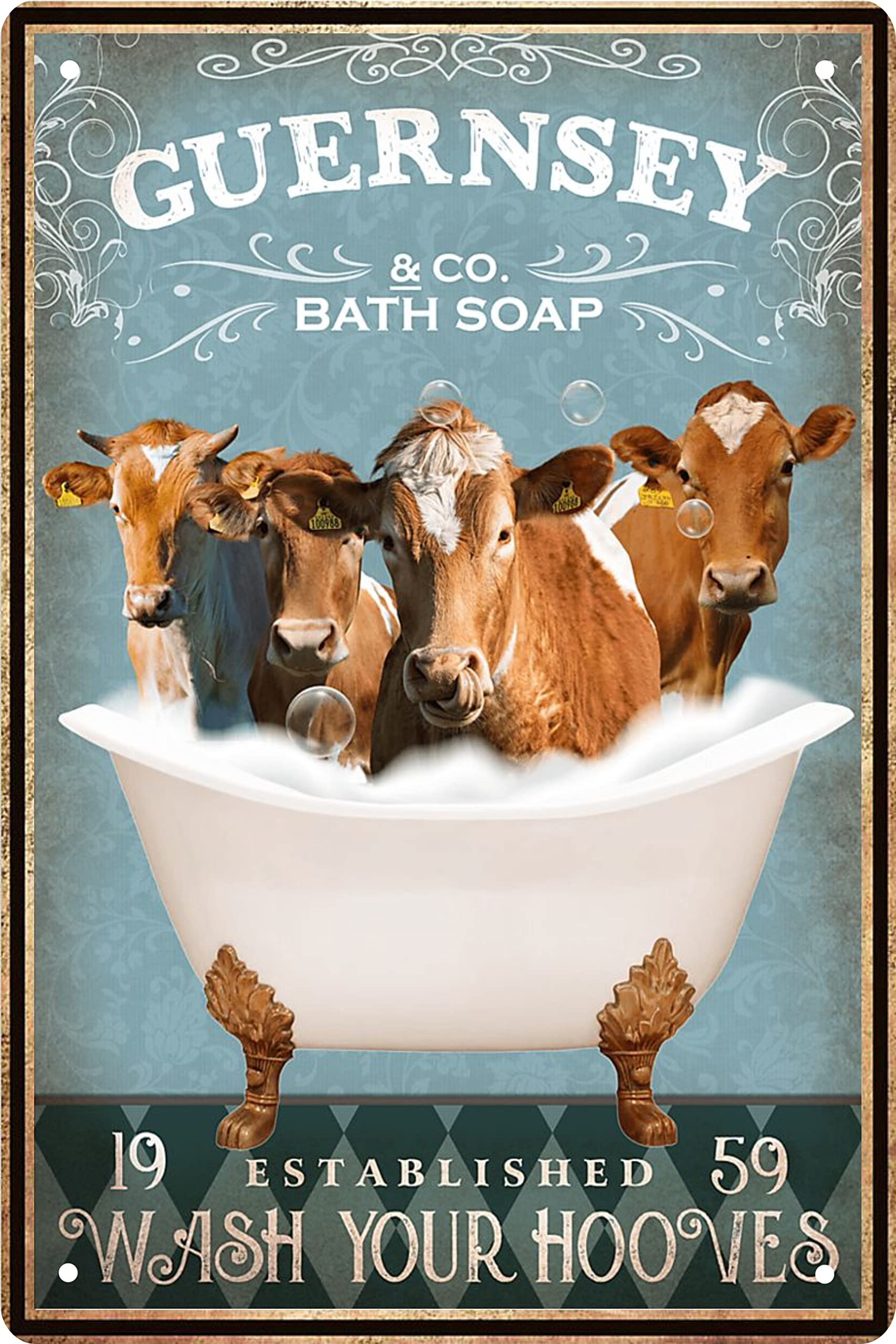 Funny Guernsey Cow Decor Vintage Bathroom and Bathtub Metal Tin Sign Decor Guernsey Cow Pet lovers Gift Farm Home Bar Bathroom Man Cave Retro Wall Art Poster Sign Accessories 8x12 In