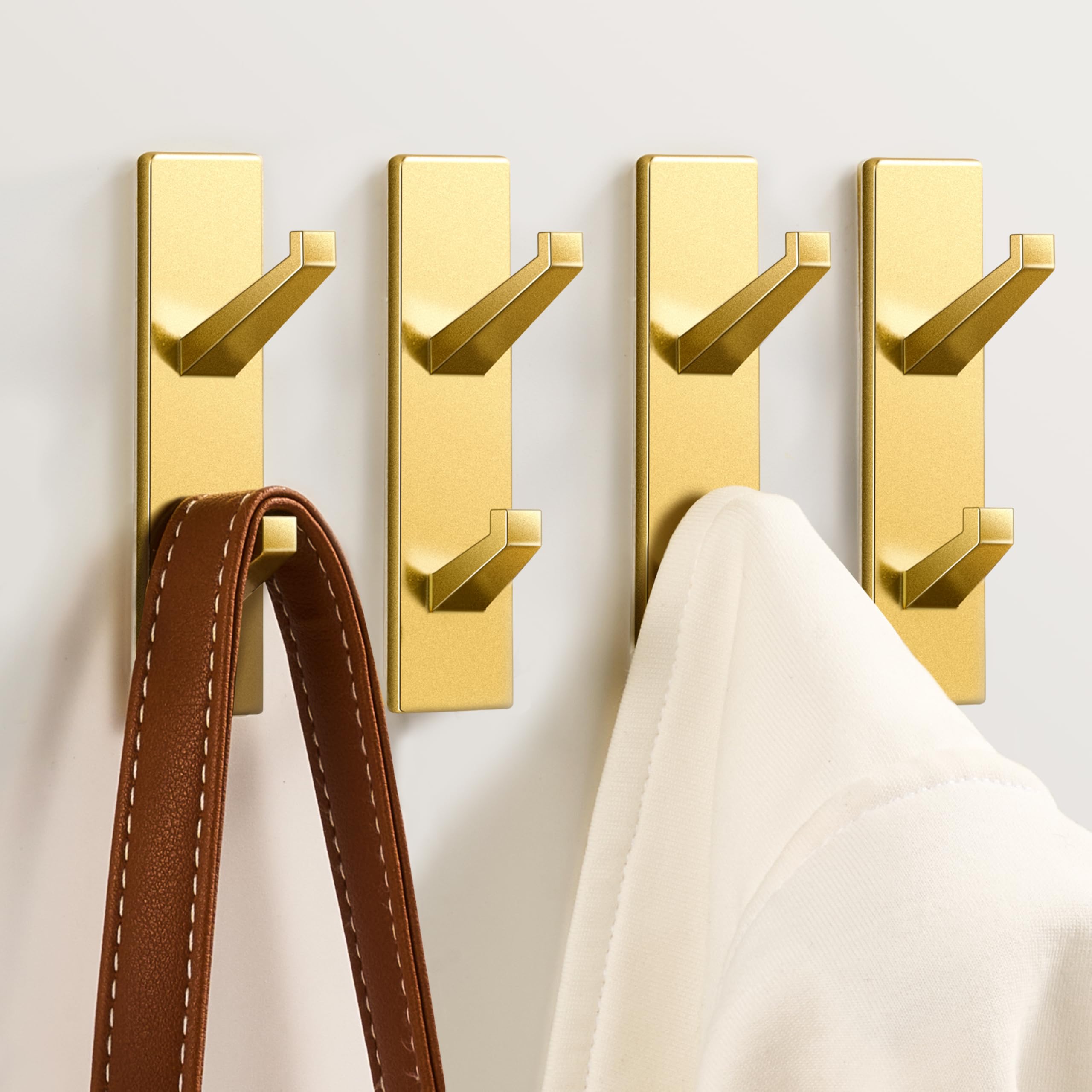 Gold Self Adhesive Wall Hooks for Hanging Towels, Coats, Purses, Jackets, Hats - Strong Stick On Hangers for Door, Bathroom, Dorm, RV, Kitchen, Closet, Shower - Metal, 4 Pack