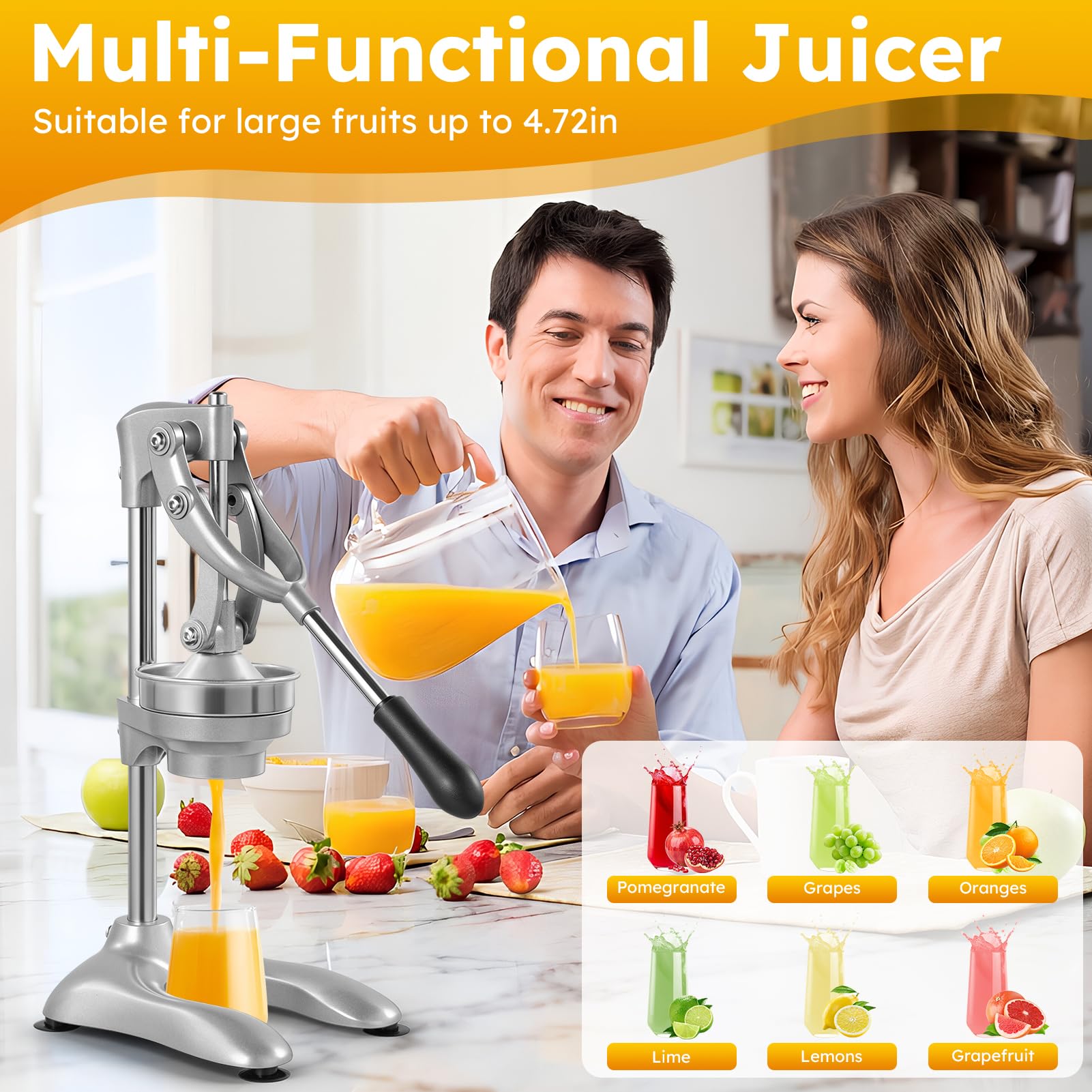 Exprimidor Manual, Exprimidor de Naranjas Profesional, Lemon Squeezer, Exprimidor Mano Prensa Manual, Comercial Exprimidor Limon para Naranjas, Limones, Granada, Pomelos, Cítricos, Gris Claro