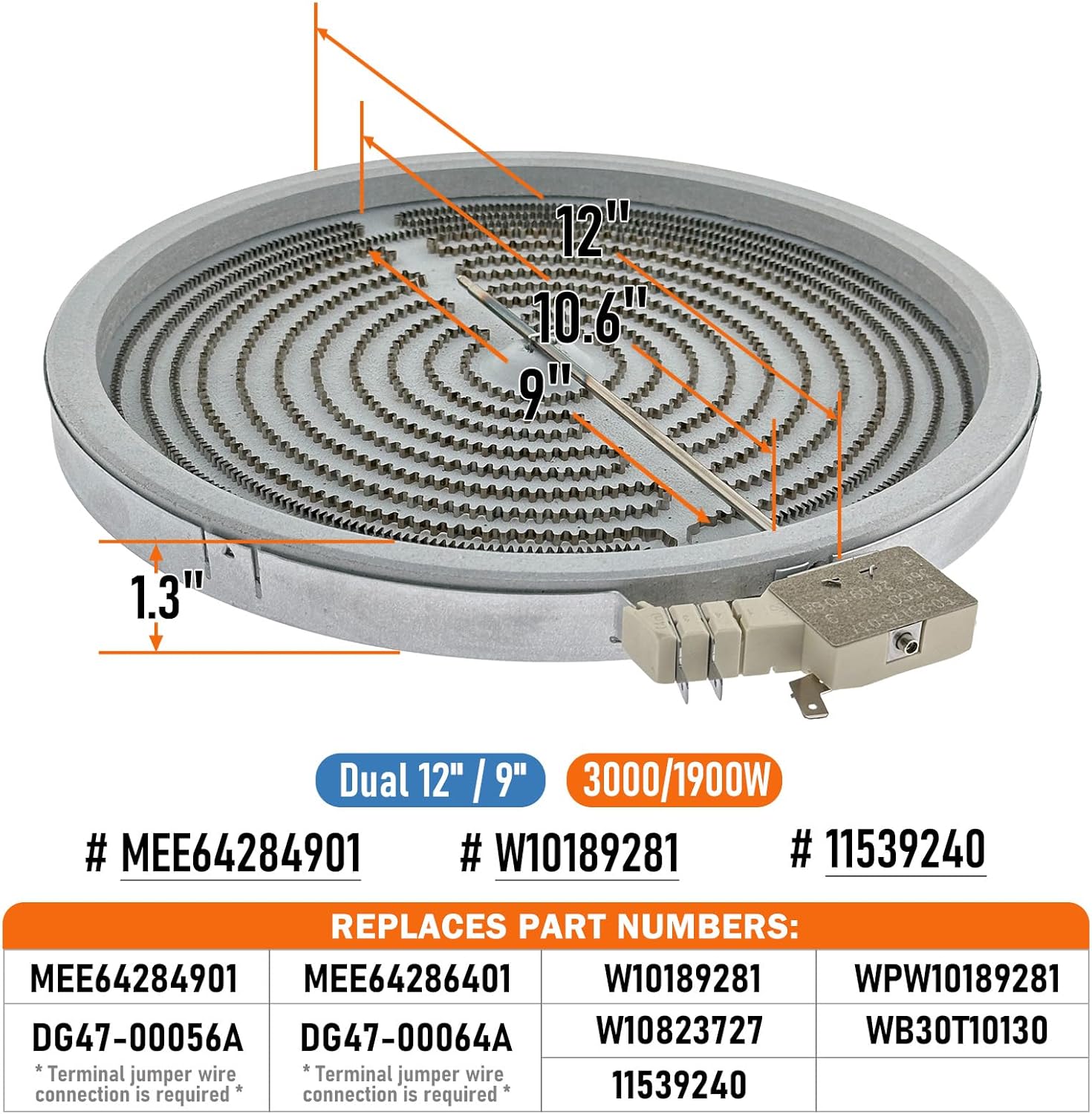 W10189281, MEE64284901 Range 12" Dual Radiant Surface Element Burner 3000/1900Watt Compatible with Whirlpool GE Maytag LG Range, Replaces WB30T10130, MEE64286401, W10823727, WPW10189281, 11539240 - Image 2