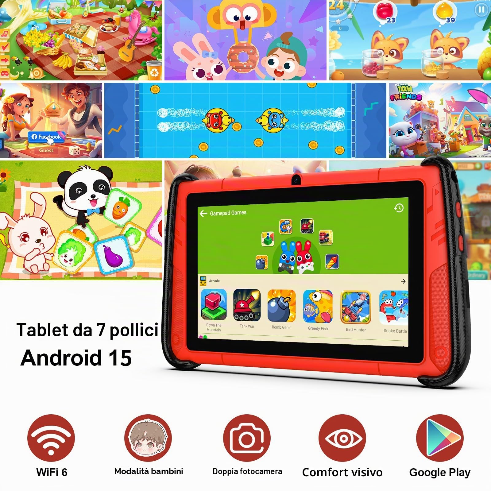 PRITOM Tablet da 7 pollici, tablet WiFi per bambini, 8 GB RAM, 32 GB ROM (espandibile 512 GB), tablet Toddler, controllo parentale, Android 15, BT, Dual Camera, Software per bambini per Educating
