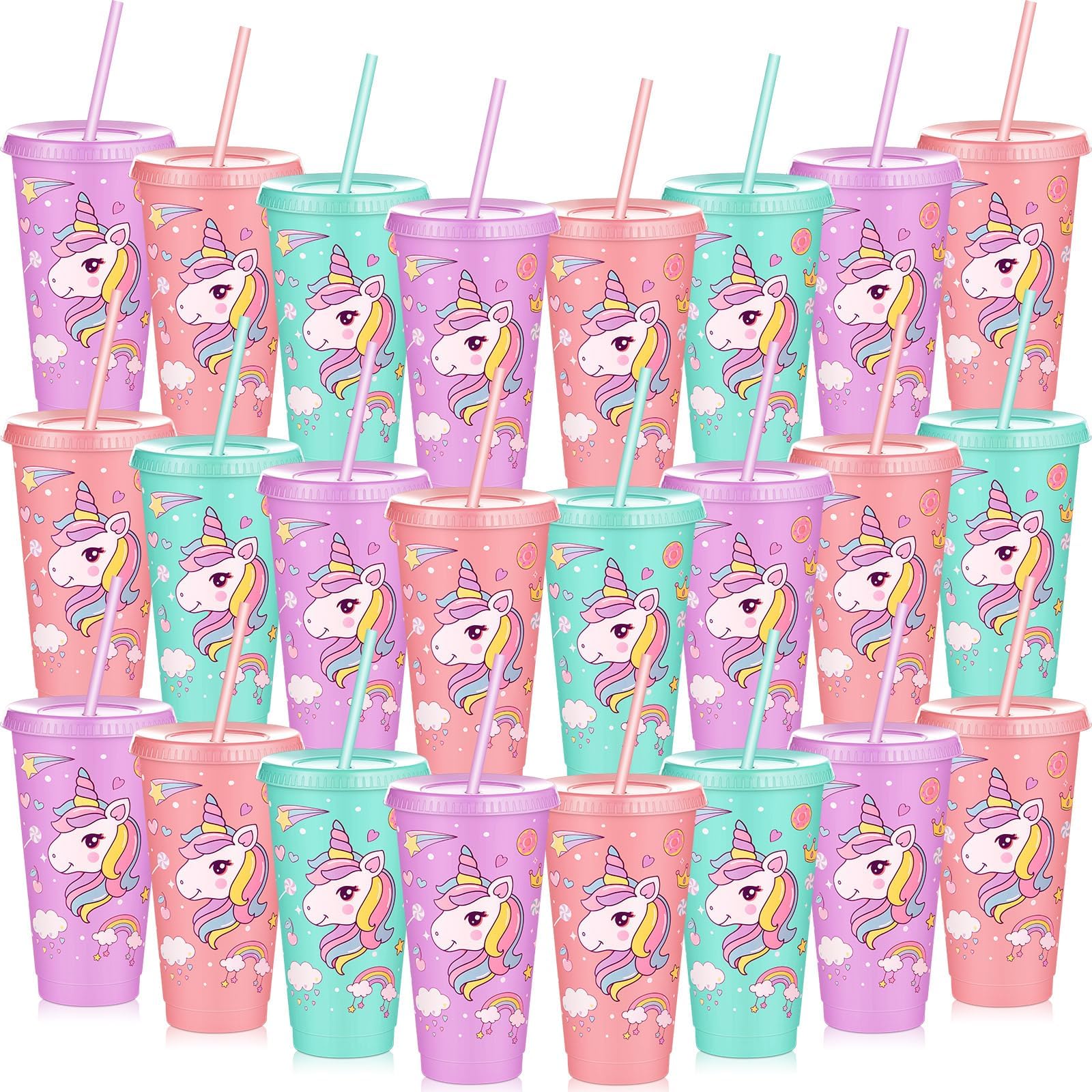 24 Pcs Unicorn Cups Party Favors Goodie Cups Unicorn Birthday Decorations 24 oz Plastic Reusable Tumbler with Lid and Straw Birthday Party Favors Supplies for Girls Boys