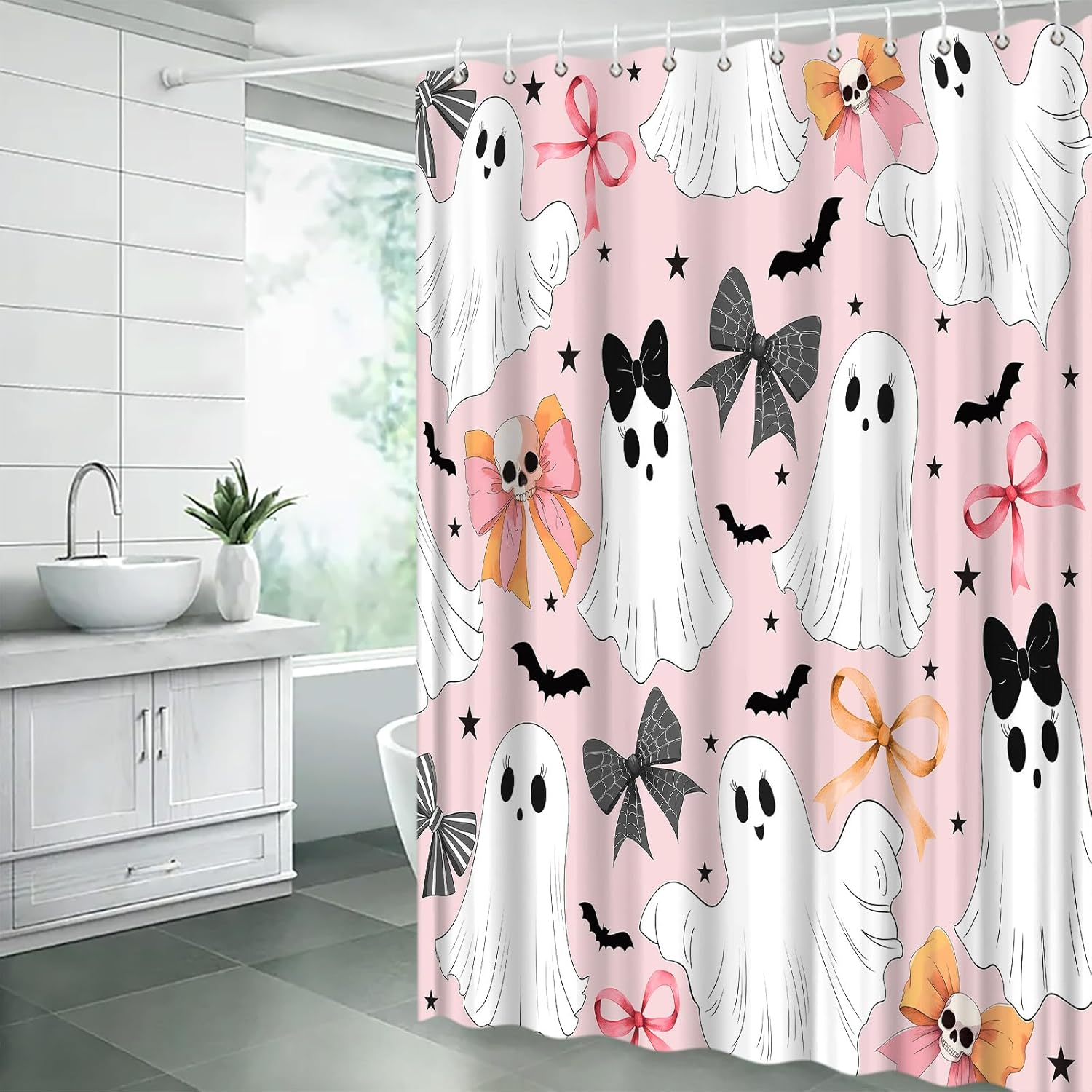 Halloween Ghost Extra Long Shower Curtain,Spooky Cute Festival Gothic Decor for Bathroom,Bow Skull Bat Funny Pink White Black Fabric Curtain with Hooks,70x78 Inch