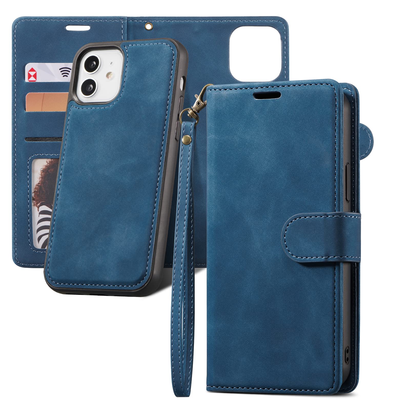 QLTYPRI Case for iPhone 12/12 Pro, 2 in 1 Detachable Wallet Case PU Leather with [Card Slots] [Kickstand][Wrist Strap][Magnetic Closure] Shockproof Flip Cover for iPhone 12/12 Pro (6.1 inch)- Blue