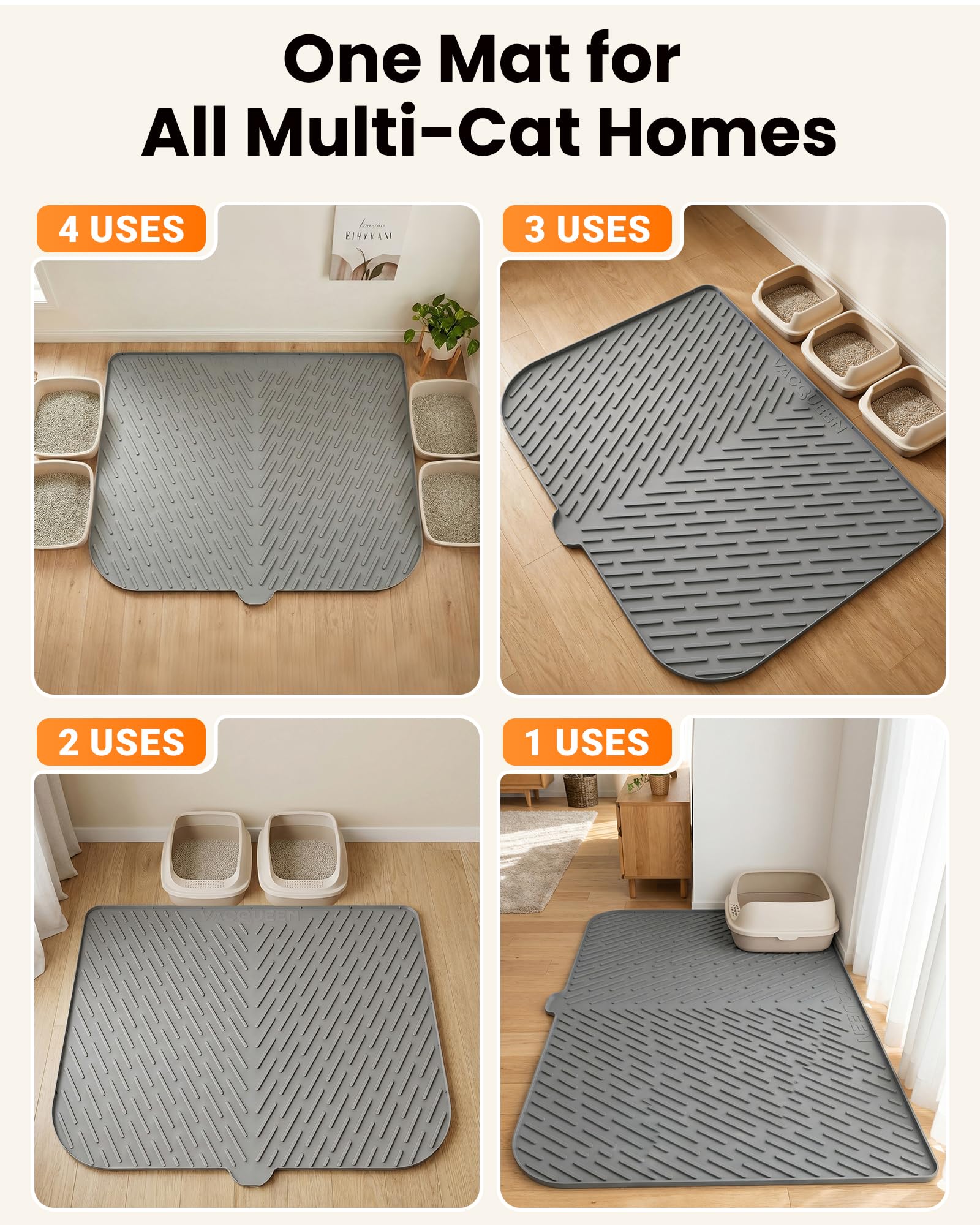 Cat Litter Box Mat, 47" x 37" Extra Large Cat Litter Mat, Silicone Waterproof Litter Trapping Mat for Scatter Control Soft on Kitty Paws Non-Slip Easy to Clean（Grey) - image 6