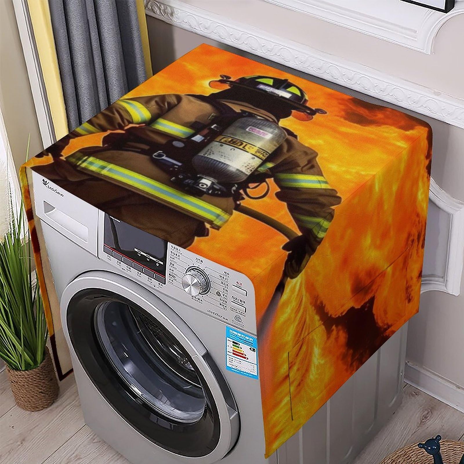 Fodpand White Washing Machine Cover For Top Load Dustproof Firefighter Fireman Flame Washer And Dryer Cover With Storage Pockets Household Appliance Covers Washable Top Protector Mat Pad For Laundry & Kitchen