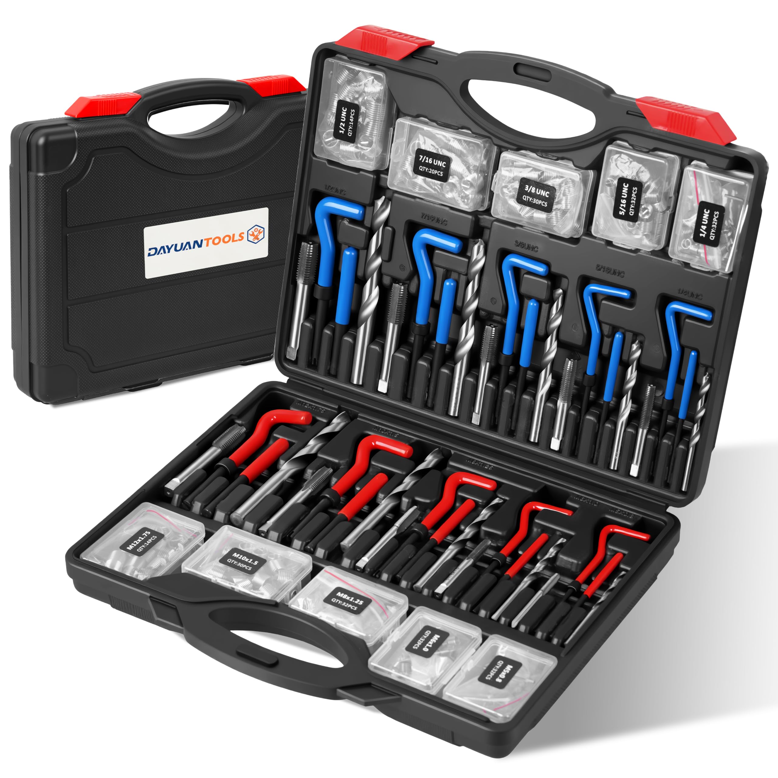 DAYUAN Helicoil Kit di riparazione filettatura SAE e metrica, kit di riparazione per bobine elicoidali HSS, kit di riparazione per riparazione di bobine elicoidali, kit di attrezzi per la rifilatura