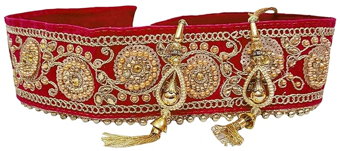 Navti Creations Womens Heavy Red Bridal Belt (Kamarband) With Moti & Zari Embroidery In Velvet With String (Free Size)