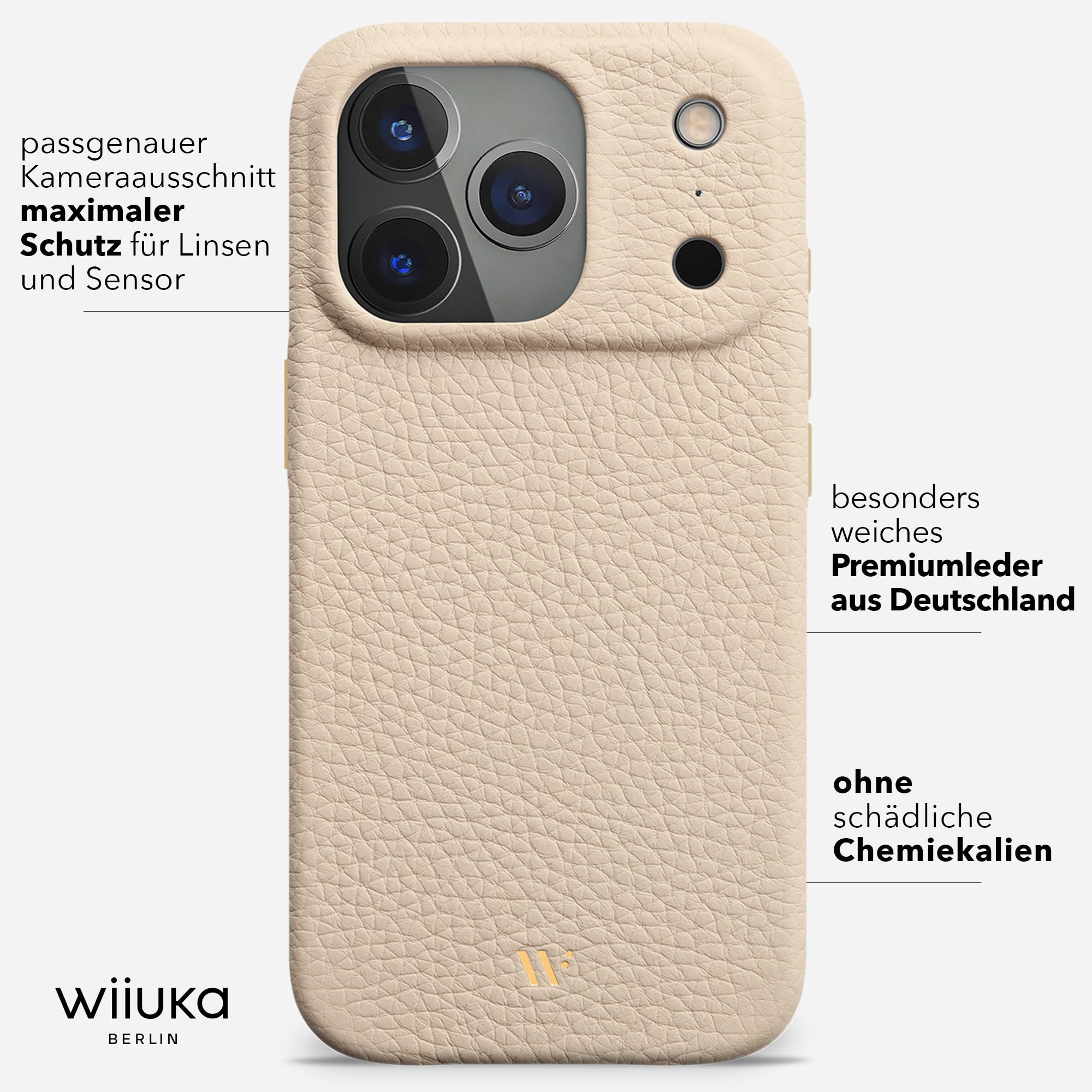 WIIUKA Funda para iPhone 17 Pro, piel de Alemania, funda de piel extra fina, funda premium para teléfono móvil, funda Qi, skiin, beige crema