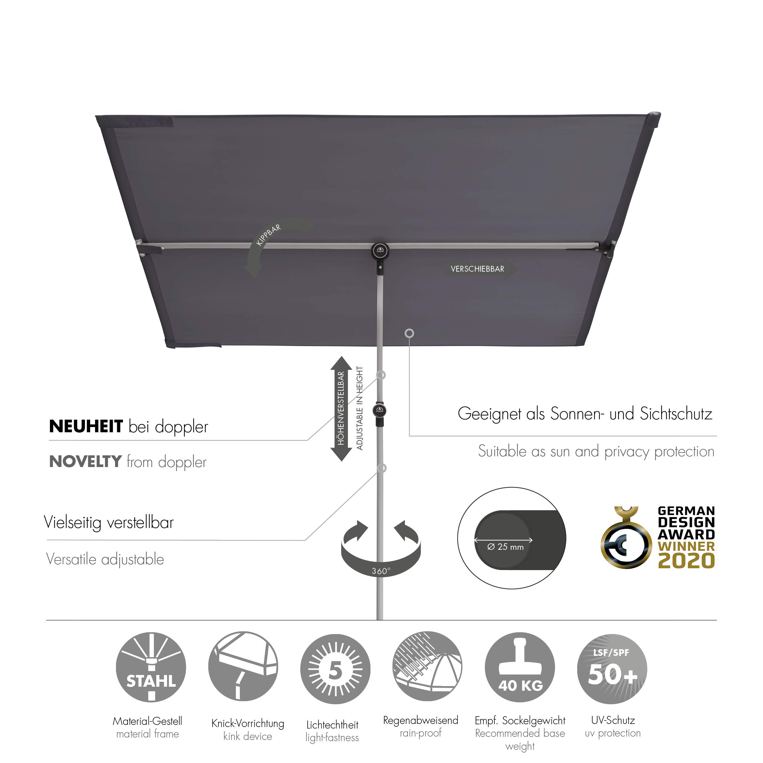 Doppler Active Balkonblende – Rechteckiger Sonnenschirm ideal für den Balkon –Plus Sichtschutz – 180x130 cm