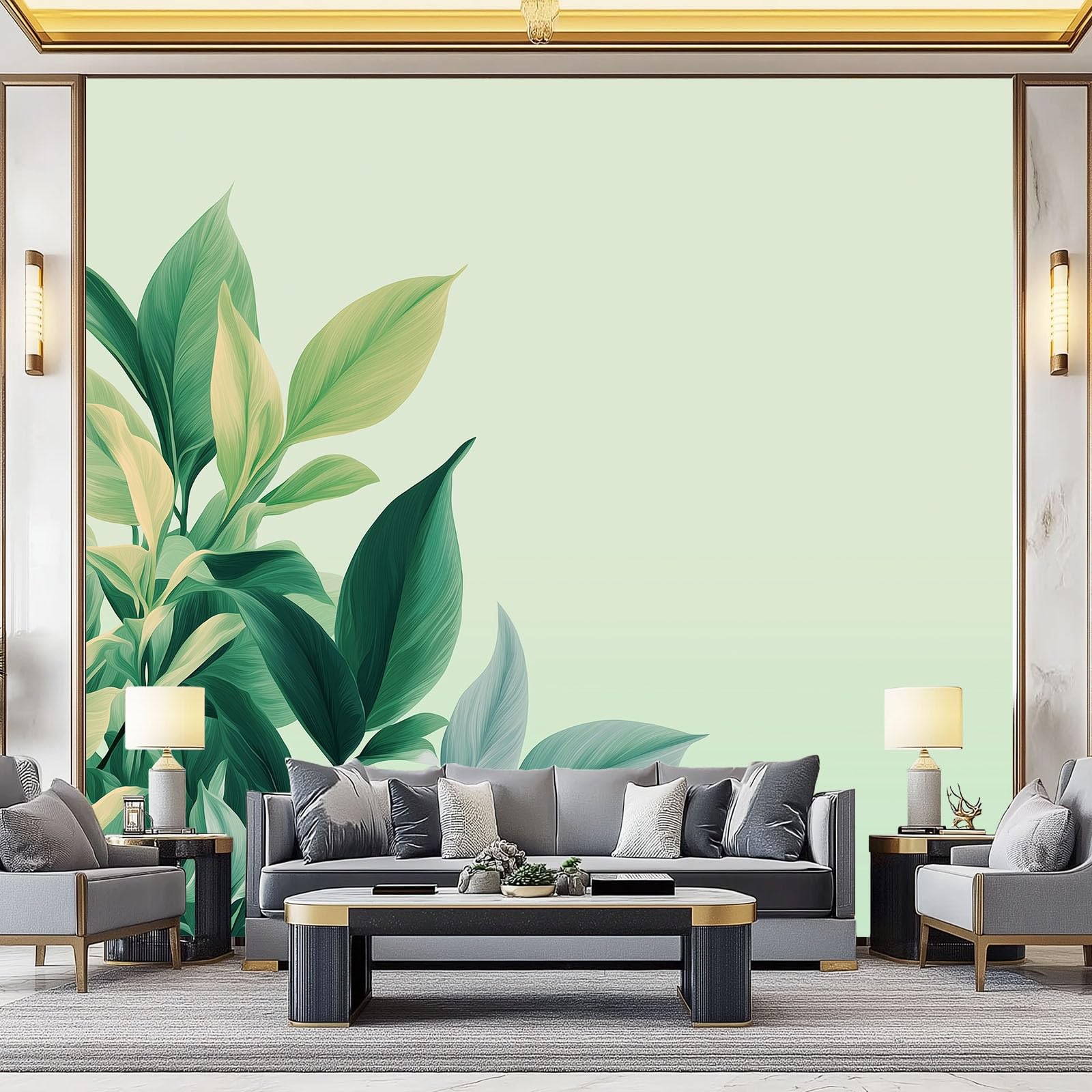 Tapeta z włókniny Proste Rośliny Liść Zbliżenie 300 x 210 cm, Panoramiczna Zielona Tapeta do Salonu Wystrój sypialni Tło TV, Dekoracja ścienna Wewnętrzna sypialnia