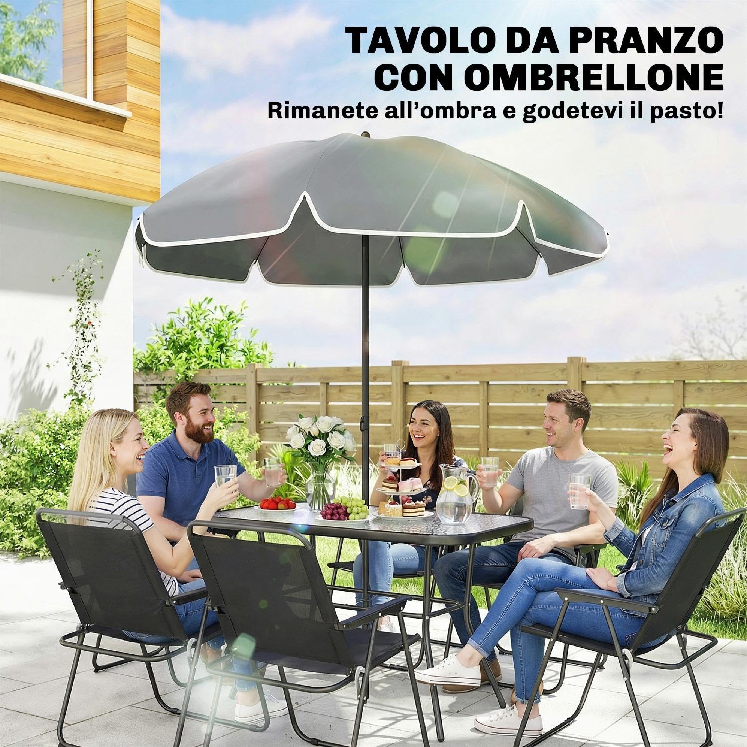 Tavolo e Sedie da Esterno da Giardino, Rettangolare, con Ombrellone, in Acciaio/Vetro Temperato, 119x68x70 cm, Nero