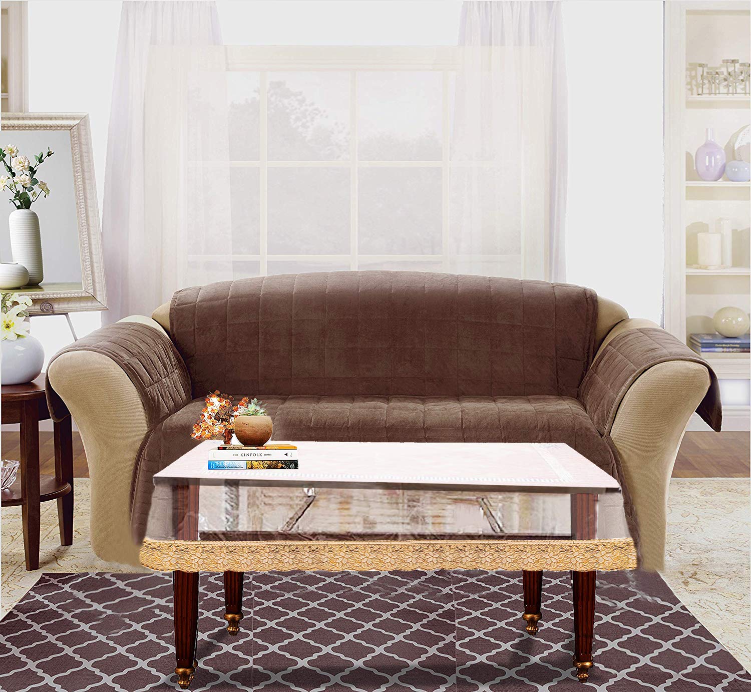 Kuber Industries Transparent Golden Lace PVC 4 Seater Center Table Cover 60"X40"(Golden Lace) Ctktc33799-1 Unit