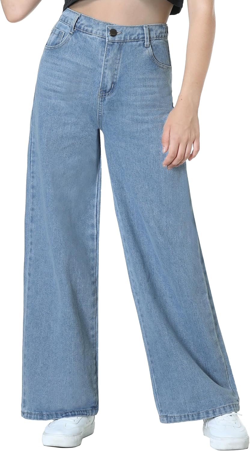 EXARUS Girls Jeans Pants Wide Leg/Flare/Skinny Denim Pant Ripped High Waist Elastic Band Casual with Pockets Kids 6-14Y