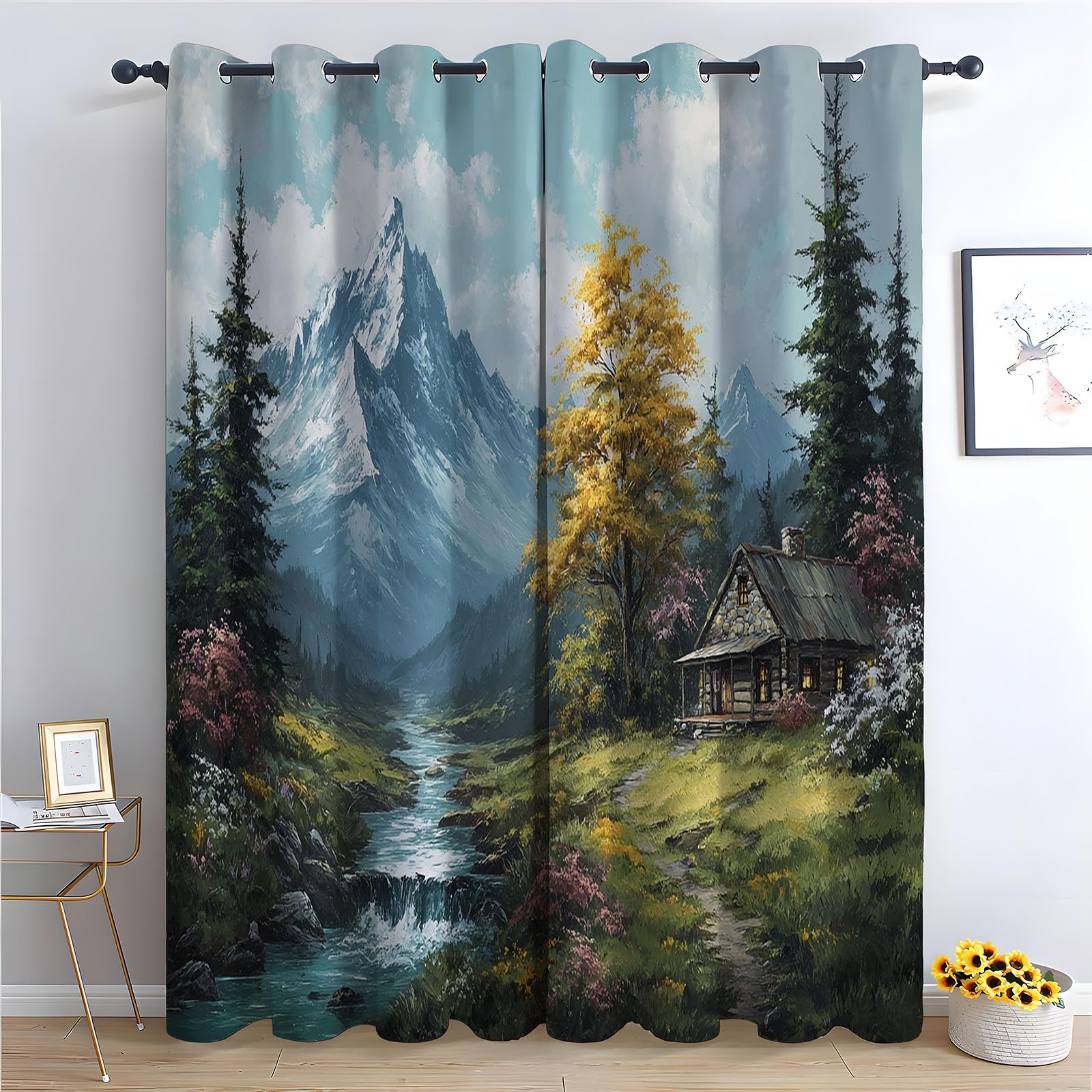 WQBQKKX Botanical Abstract Line Garden Curtains for Bedroom Ink Painting Textured Farmhouse Curtains Leaf Printed Eyelet Rustic Drapes Window Treatment-52 W x 72" L (Pack of 2)