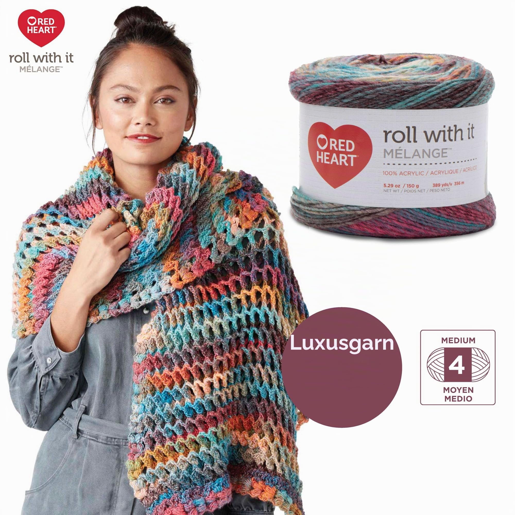Red Heart Roll with It Melange Garn, 100% Acryl, Stärke 4 (Medium/Worsted), 356 m, Stricken/Häkeln, Blau/Lila (Show Time), 3er-Pack à 150 g