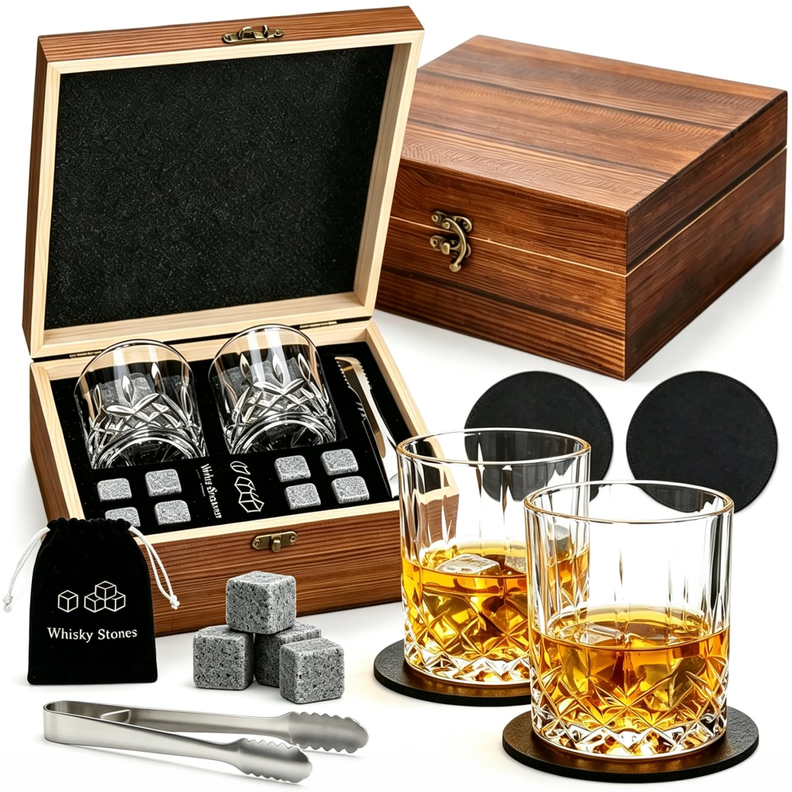 Whiskey Glass for Men- 2 Glasses, Whiskey Stones, Coaster & Tweezer in Handmade Wooden Box, Bourbon and Scotch Whiskey Tumblers Set, Father's Day/Anniversary/Birthday Gifts for Boyfriend Husband Dad