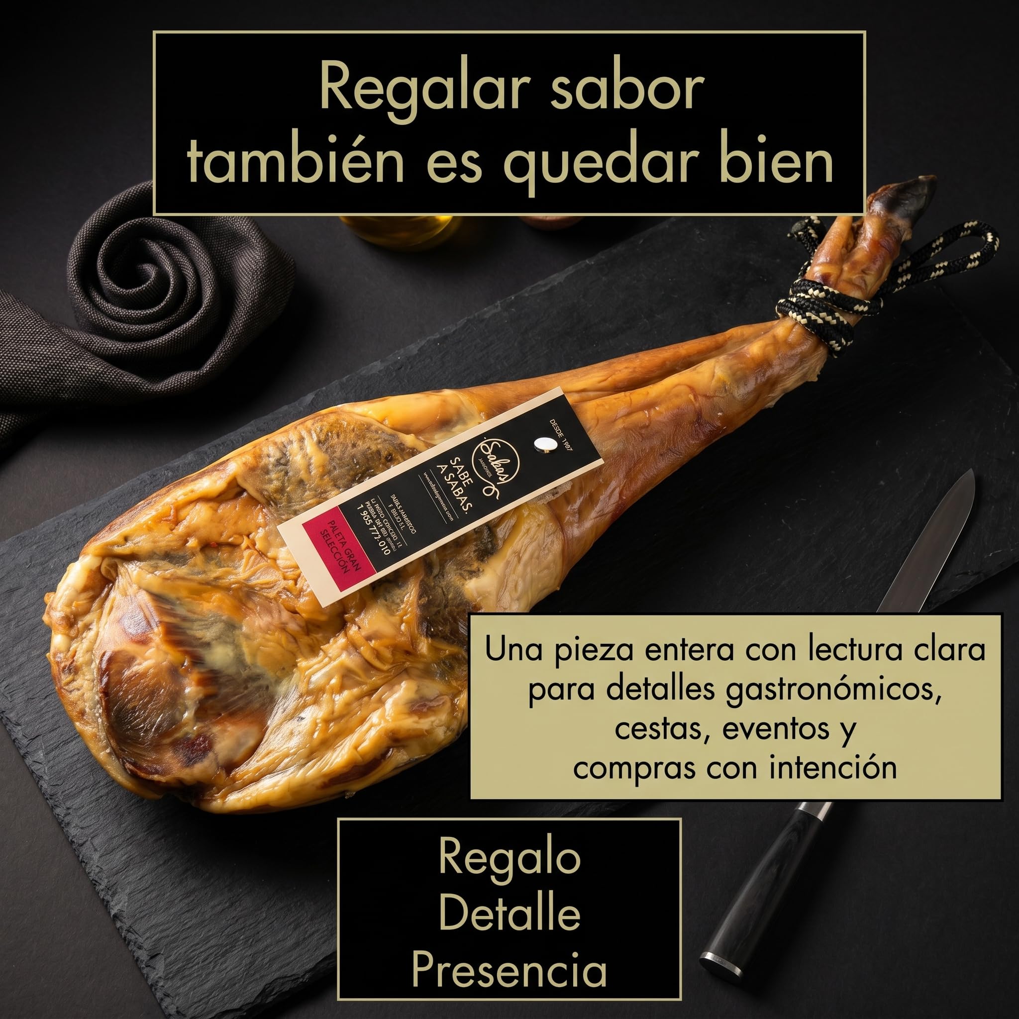 Paleta Duroc 100% Gran Seleccion Curada Pieza Entera 6 kg Paletilla | Peso 5,5 a 6 kilos, secadero natural y bodega, sin gluten, sin lactosa y sin colorantes; para tapas, tablas y regalo gourmet